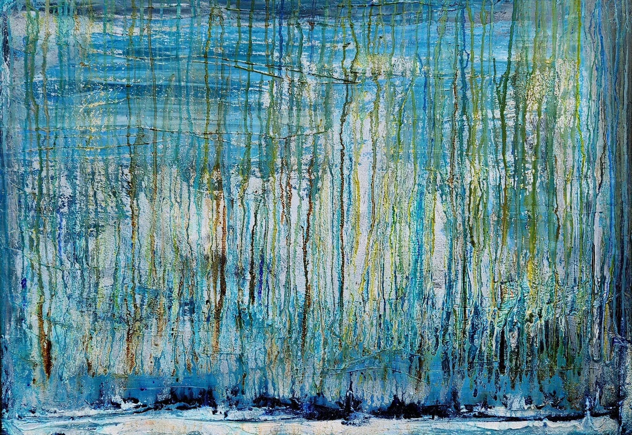 Abstract painting with vertical streaks of blue, green, white, black, and yellow colors, creating a textured and layered appearance.