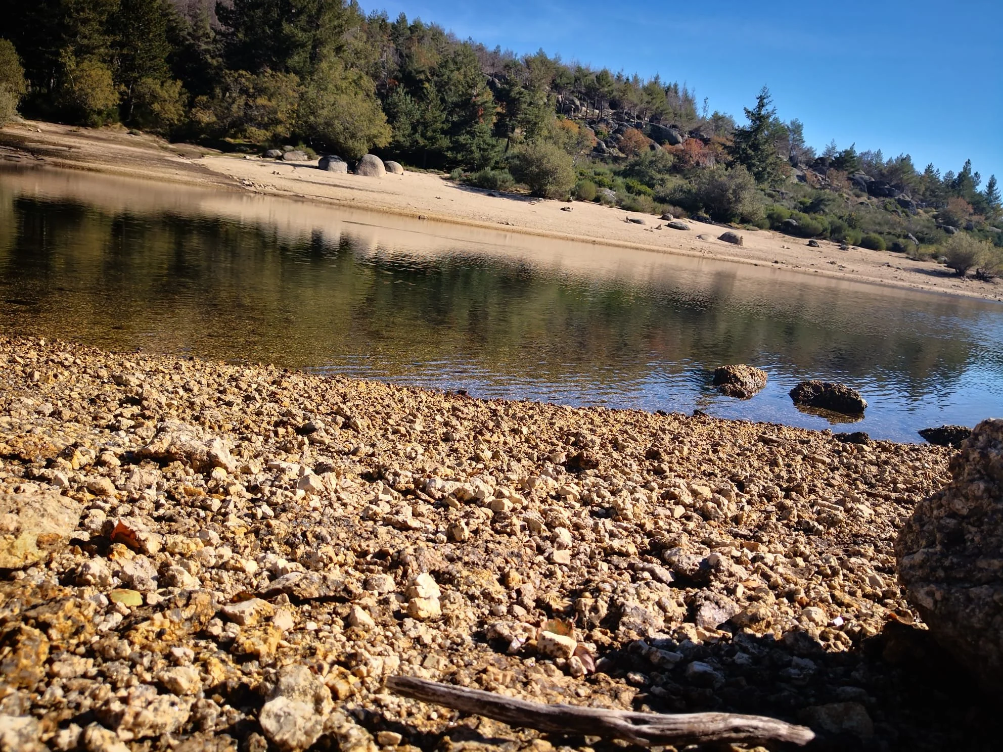 Rocks and pebbles along the shore of a calm river, reflecting the trees on the opposite bank. In the background, a hillside with numerous trees and large boulders, under a clear blue sky.