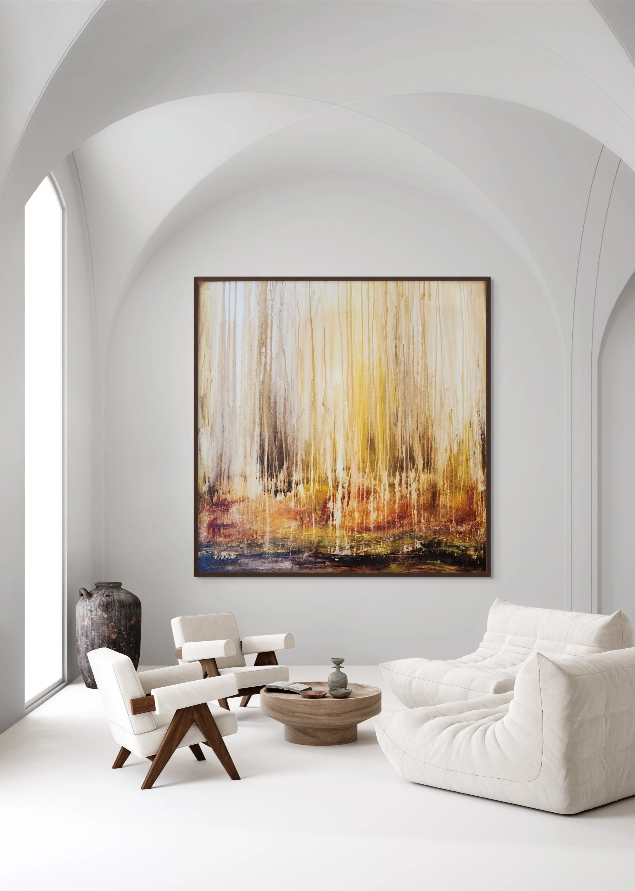 Modern living room with white walls, large abstract painting with yellow, orange, and brown tones, white sofa, beige and wood armchairs, round wooden coffee table, large ceramic vase, and large window.