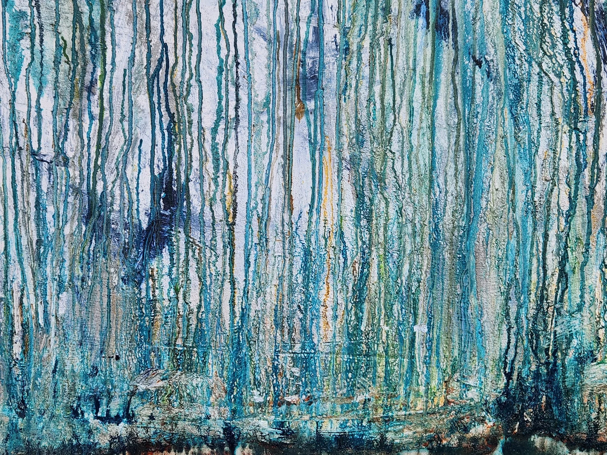 Abstract painting with vertical streaks of blue, turquoise, white, and hints of yellow and black.