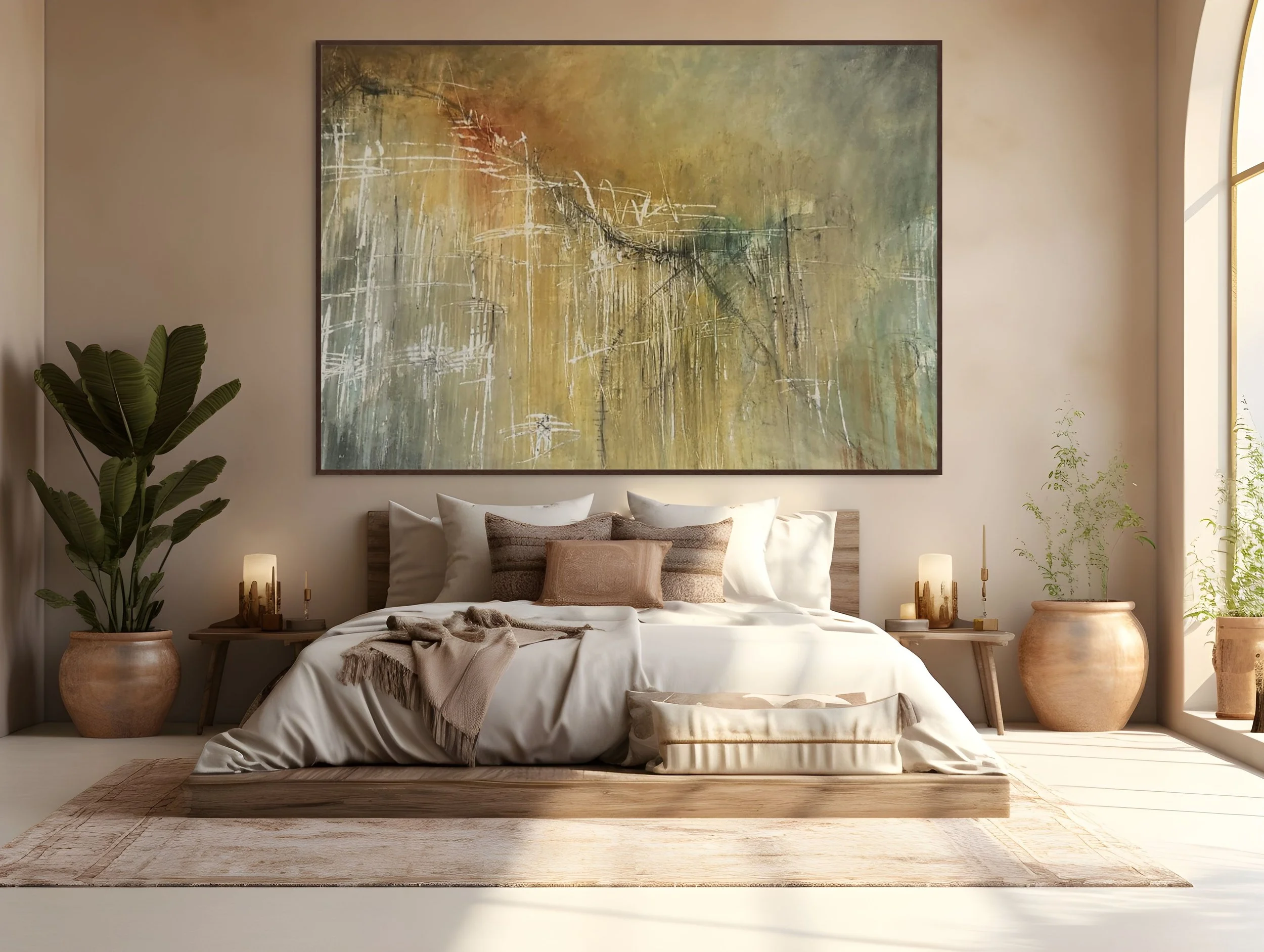 A modern bedroom with a large abstract painting above the bed, potted plants on either side, and soft lighting.
