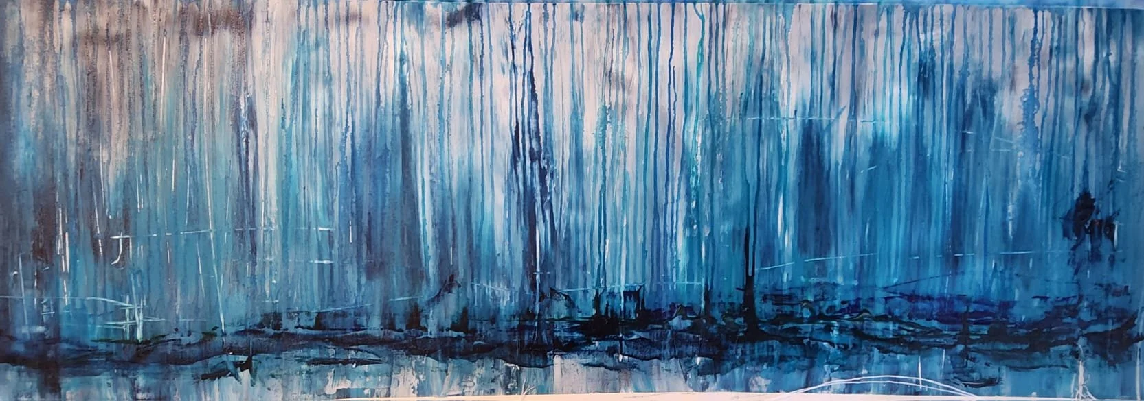 Abstract painting featuring vertical blue and black streaks, with touches of white and light blue, creating a textured, rain-like effect.