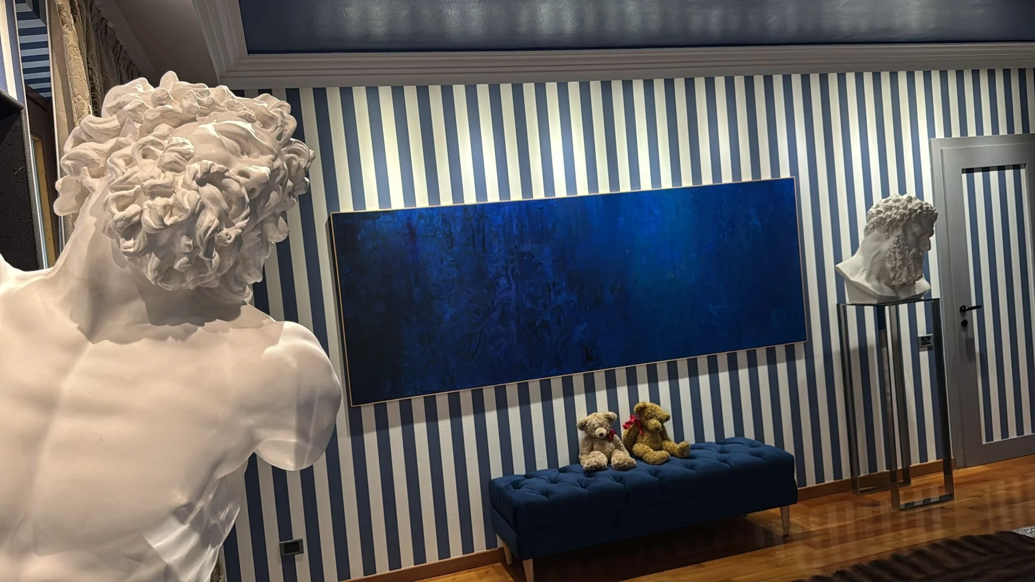 "Blue Solace" (2025) ( 120cmX200cmx0,1cm) Acrylics on 100% Cotton Fabric. ( This Work Belongs to a Private Collector in Italy)