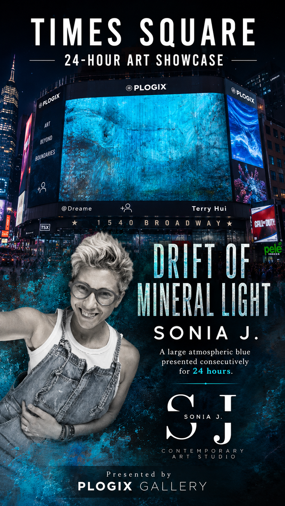 Event poster for "Drift of Mineral Light," an art showcase by Sonia J., presented by PLOGIX GALLERY. Features a large digital billboard in Times Square displaying abstract blue art and a black-and-white photo of Sonia J. with short blonde hair, glass