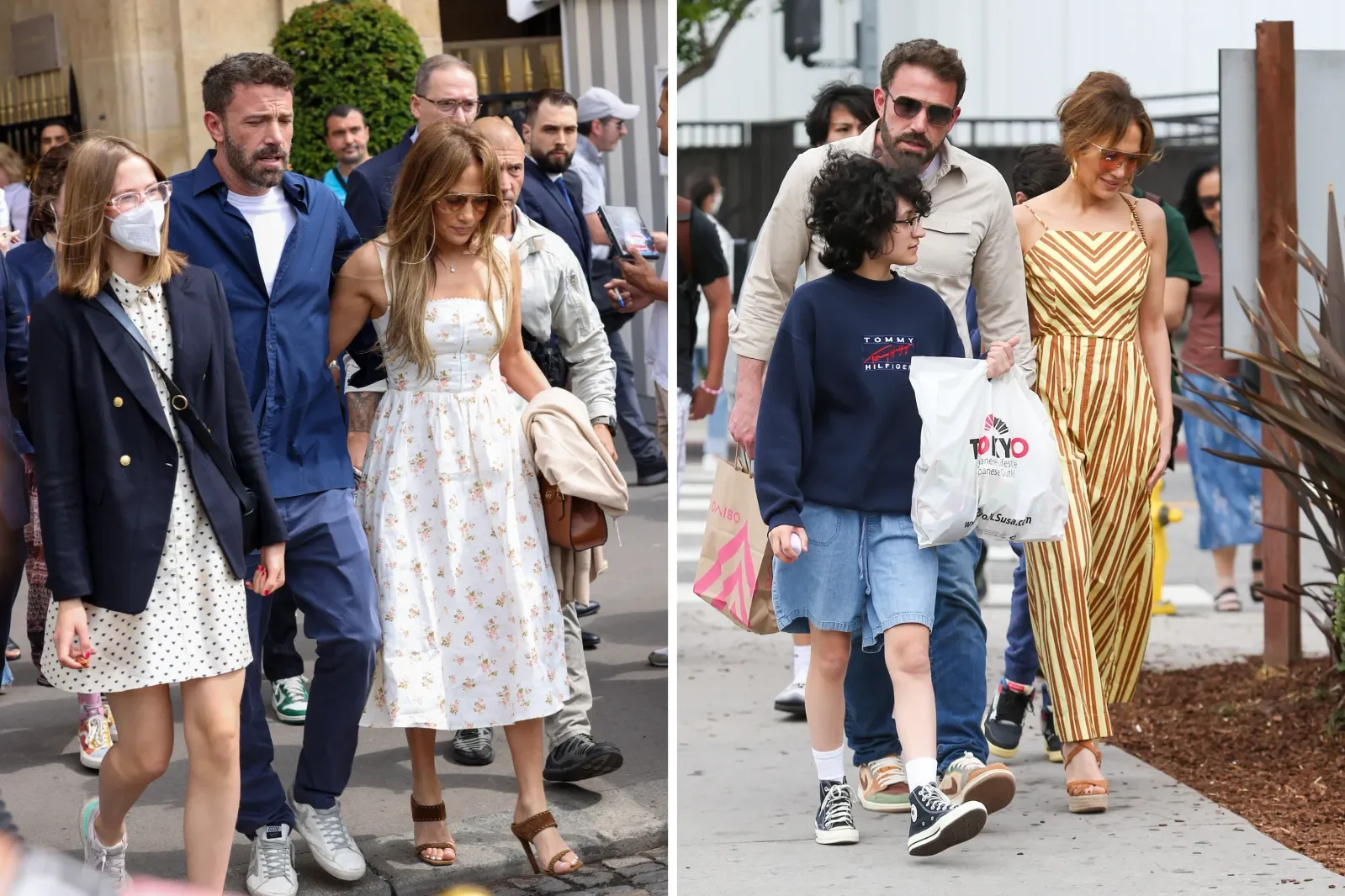 Two groups of people walking outdoors, with a mix of casual and fashionable clothing, some wearing sunglasses and masks, in a bright, urban setting.