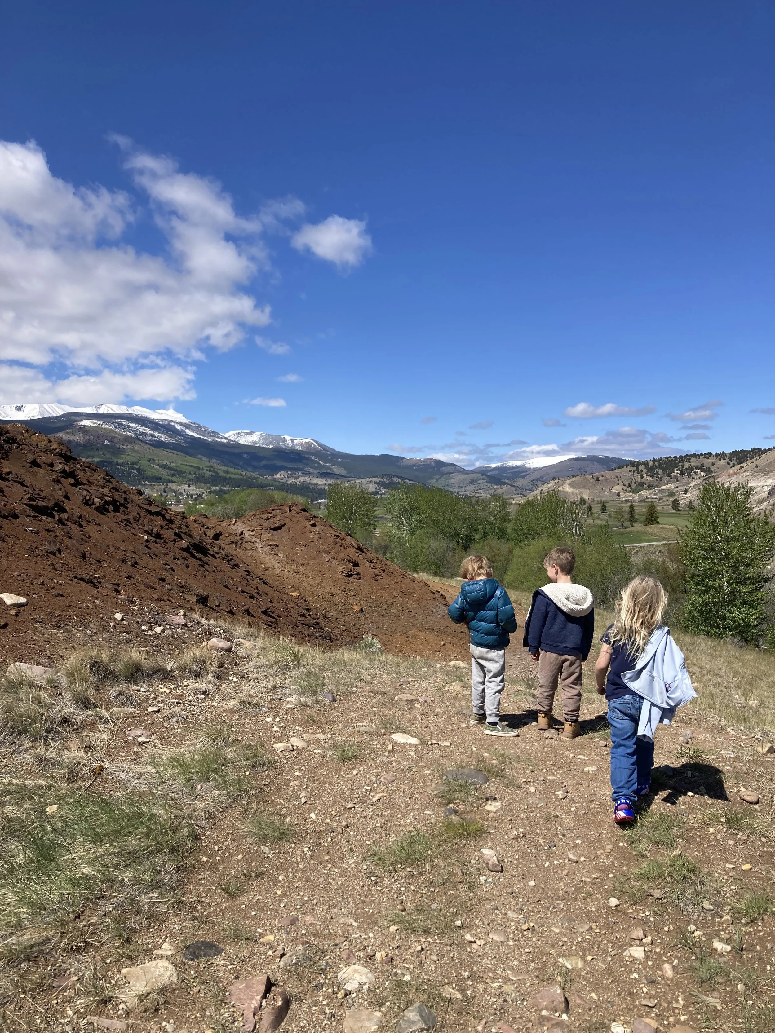 Three children walking on a dirt trail in a mountainous area with snow-capped peaks and green trees in the background under a partly cloudy blue sky.