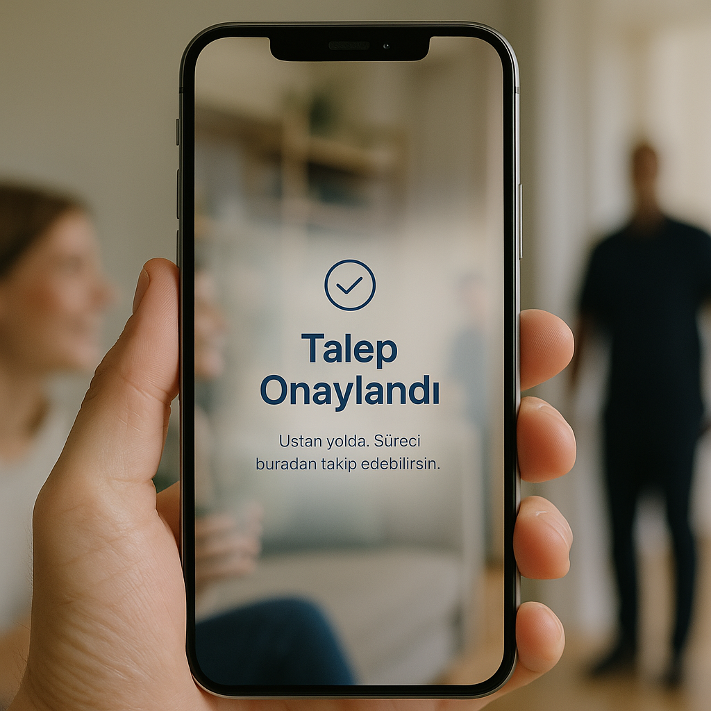 Akıllı telefonda ‘Talep Onaylandı’ ekranı; arka planda bulanık ev ortamında ayakta duran bir kişi.”