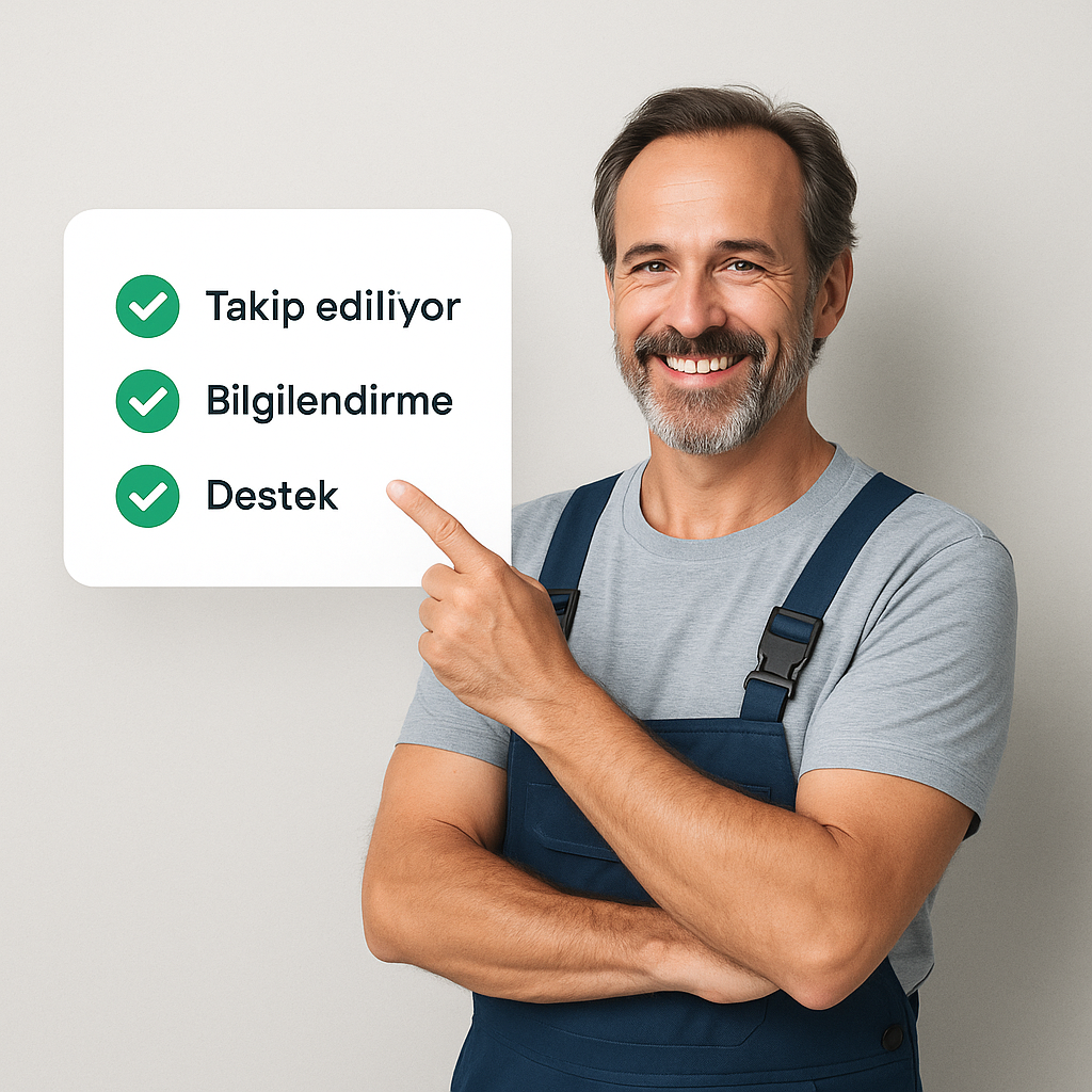 Güler yüzlü orta yaşlı adam, gri tişört ve lacivert askılı önlük giyiyor, sağ kolunu katlayıp sol elini göğsü üzerine koymuş, bir elini kaldırıp işaret parmağıyla metin kutusunu gösteriyor. Metin kutusunda üç madde var: Takip ediliyor, Bilgilendirme, Destek.