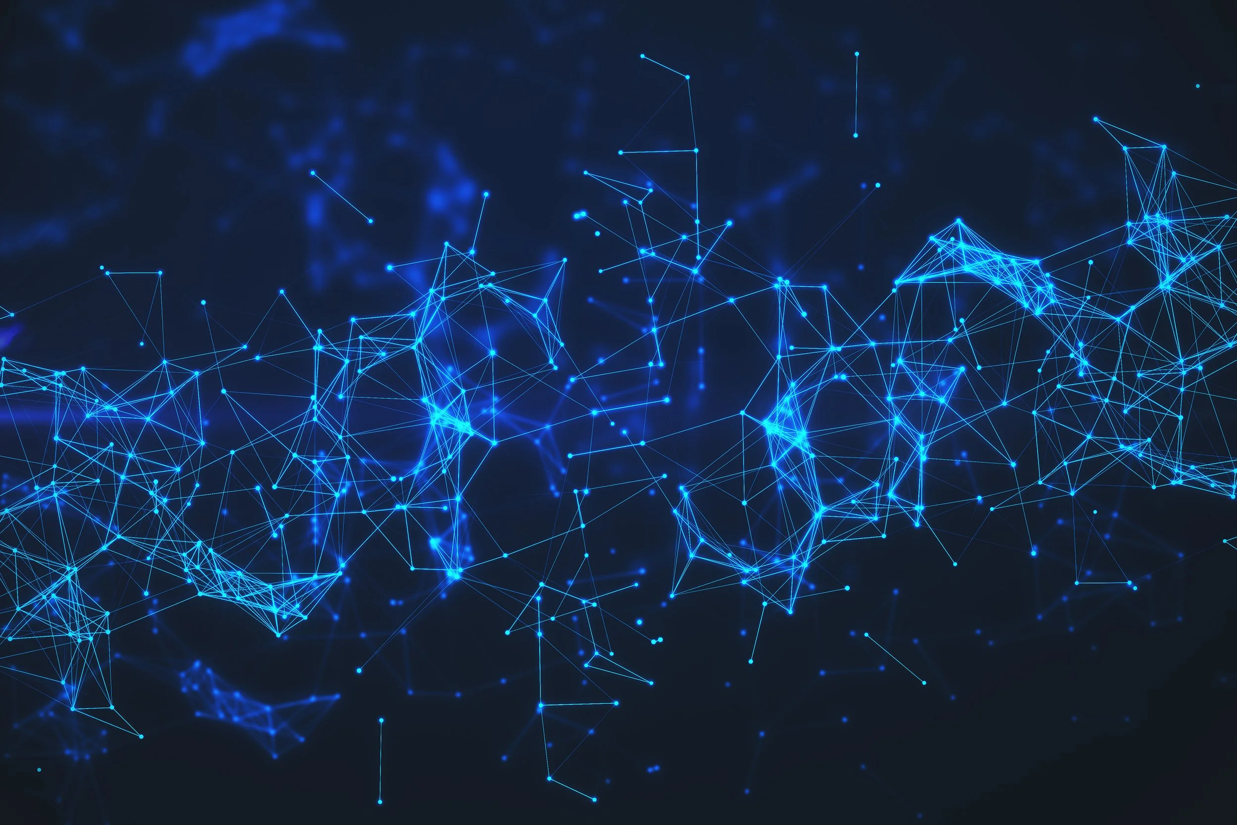 Digital network of interconnected glowing blue lines and points on a dark background, resembling a neural network or constellations.