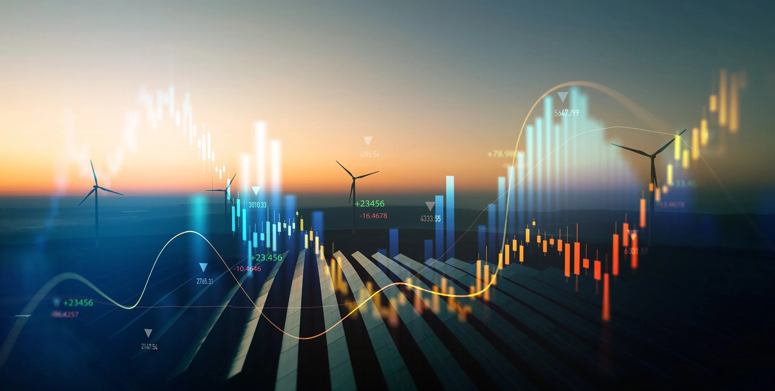 Image of solar and wind farms at sunset with overlay of charts and graphs.