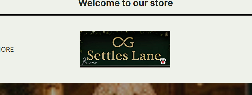 The image shows a store logo with the text "Settles Lane" and a stylized ampersand, on a dark background with decorative elements and a small paw print.