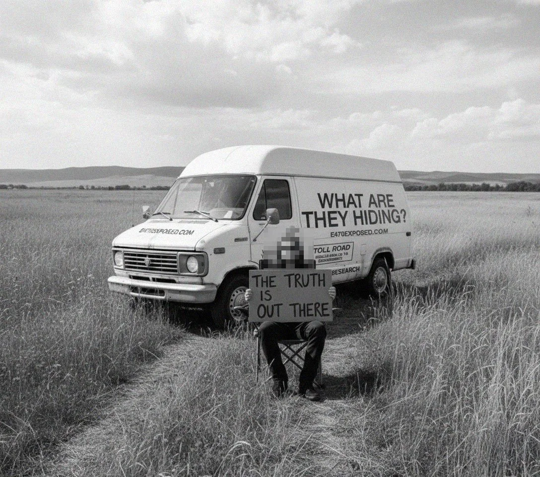 A person sitting in a folding chair holding a sign that says "The truth is out there" in front of a white van with large text questioning "What are they hiding?" on the side, parked in a grassy field with a dirt path, under a cloudy sky.