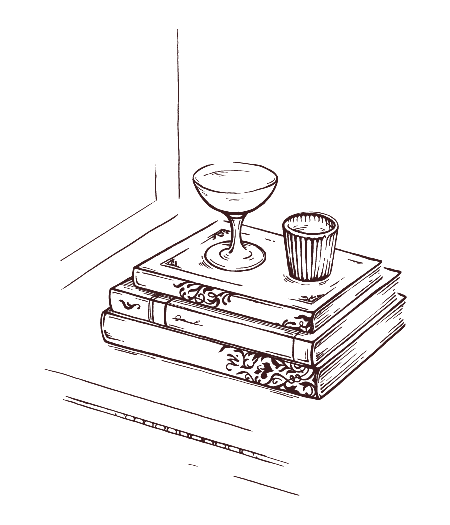 Sketch of a table corner with stacked books, a wine glass, and a small container.