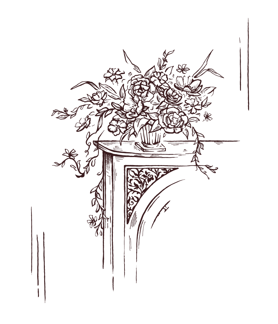 Line drawing of a bouquet of flowers in a vase on top of a decorative table or mantel.