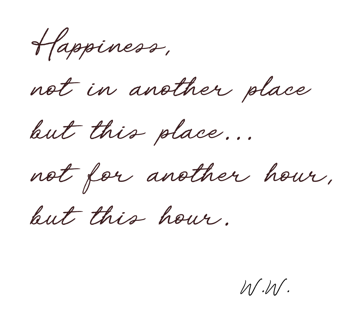 Inspirational quote on black background that reads, 'Happiness, not in another place but this place... not for another hour, but this hour.'