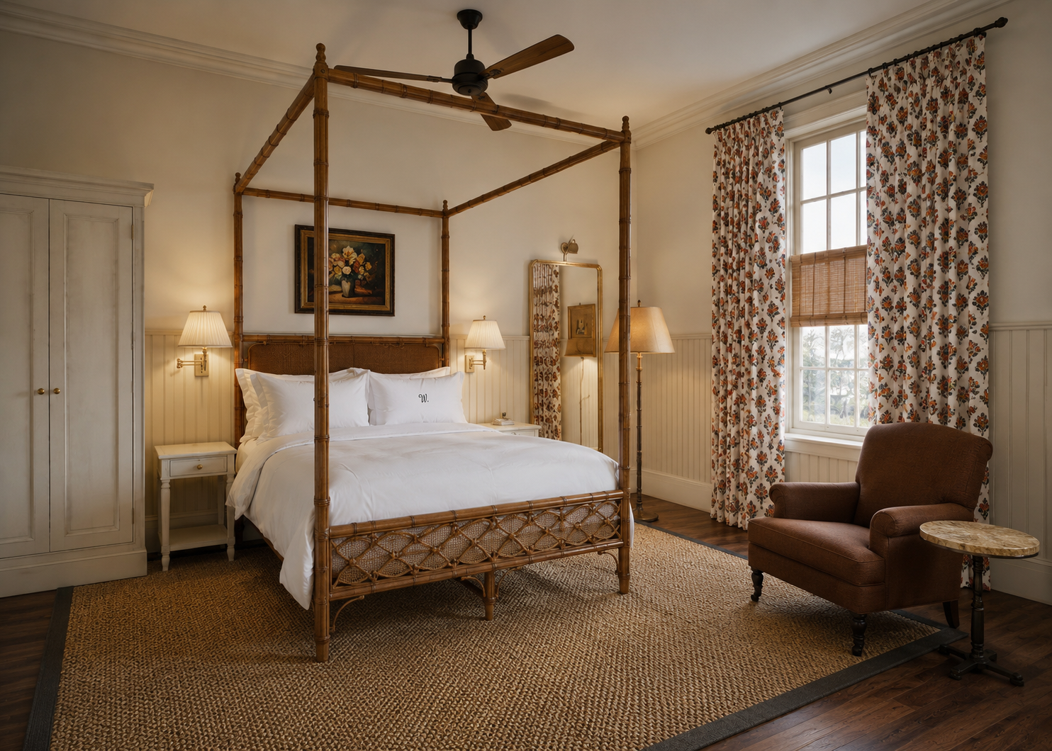 A bedroom with a four-poster wooden bed, white bedding, and pillows. There are two bedside tables with lamps, a painting above the bed, a standing mirror, a brown armchair, and a window with floral curtains and a bamboo shade. The room has a ceiling fan and a woven rug on dark wooden floor.