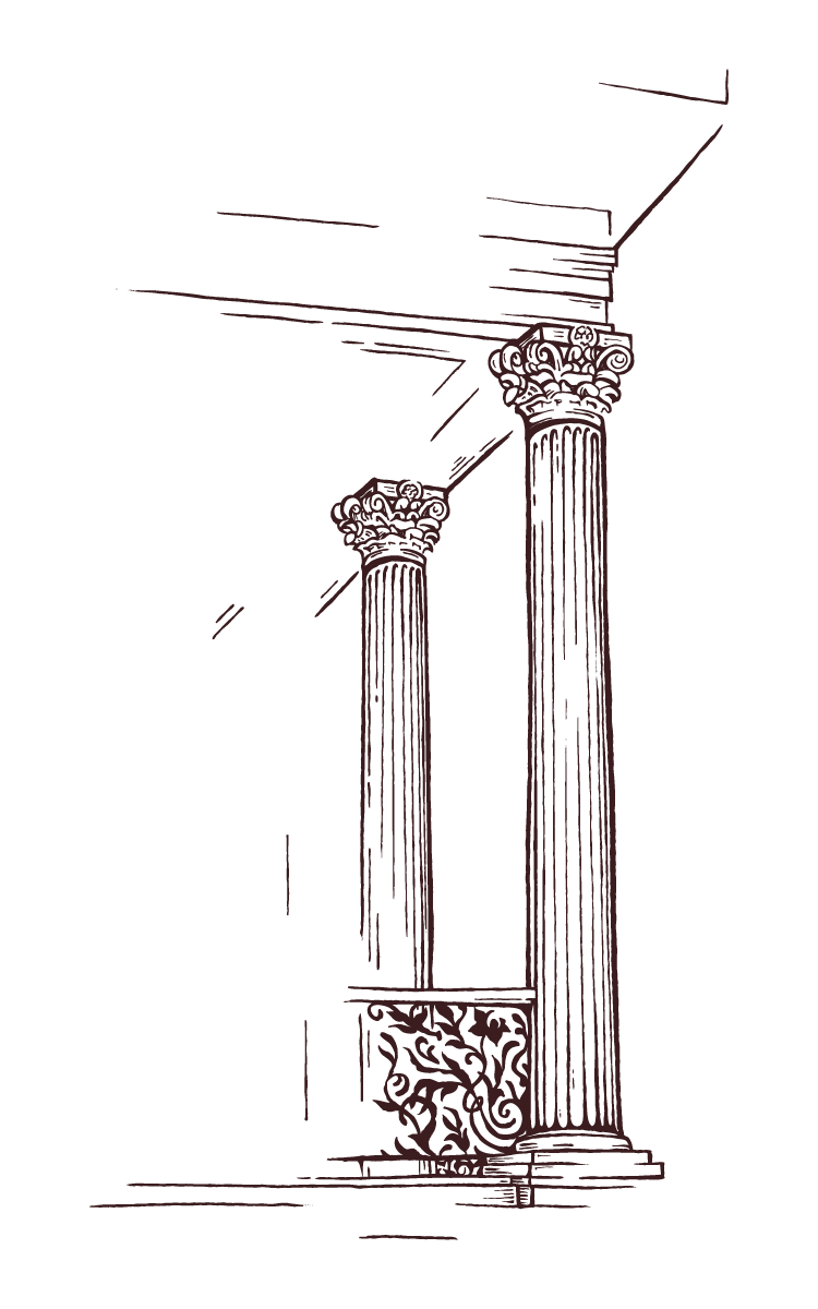 Outline of two ornate classical columns supporting a ceiling or archway.