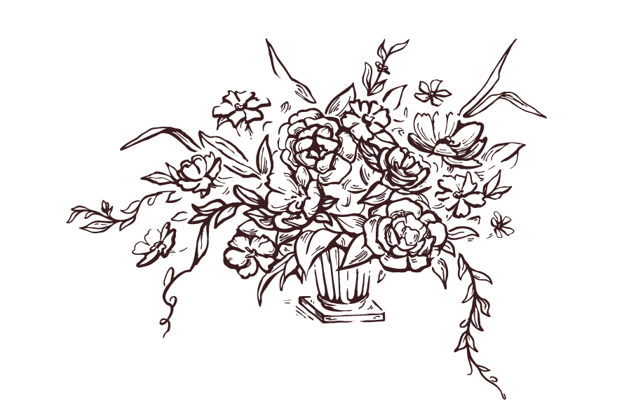 Drawing of a flower bouquet in a vase with various flowers and leaves.