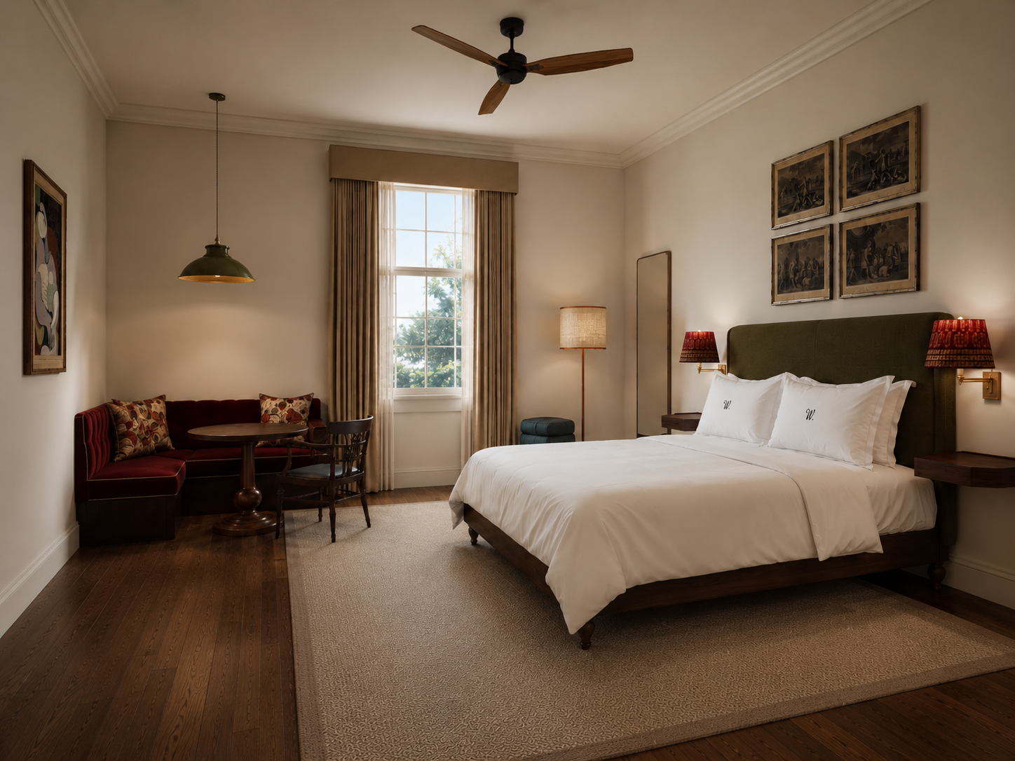 A cozy hotel room with a large bed, green headboard, white linens, and matching pillows. Two wall-mounted lamps flank the bed. There's a window with beige curtains letting in natural light. Opposite the bed is a small seating area with a red velvet banquette, round table, and a wooden chair. Decor includes framed artwork and a ceiling fan.