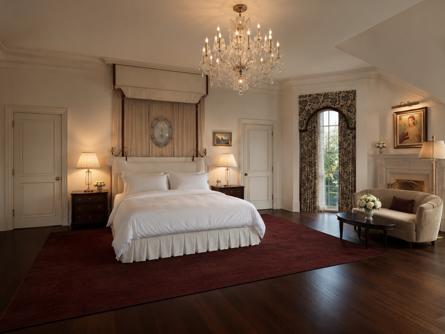 A luxurious bedroom with a large bed, nightstands, lamps, chandelier, a sitting area with a sofa and coffee table, and a window with patterned curtains.