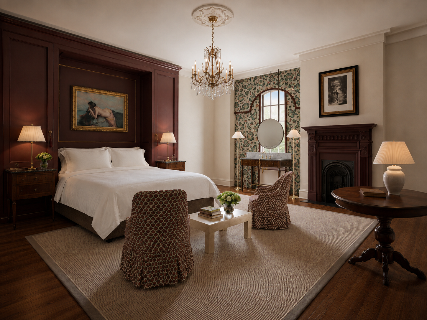 A bedroom with a large bed, two nightstands with lamps, artwork above the bed, two upholstered chairs with a small table and a flower vase, a chandelier, a fireplace with a framed picture above, a vanity with a mirror, a window with floral curtains, and a wooden round table with a lamp.