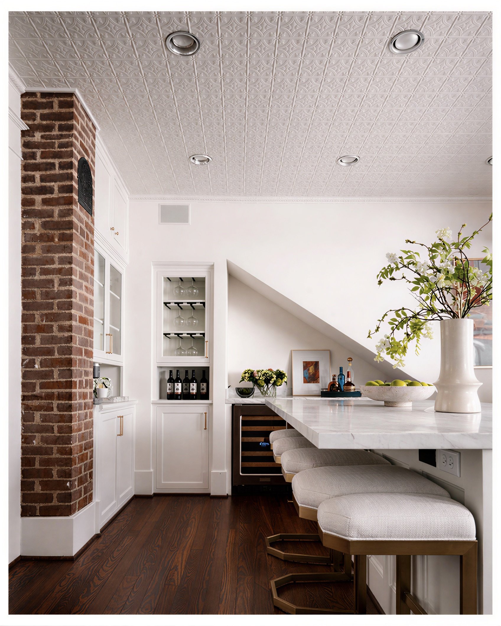 A stylish kitchen with a white marble breakfast bar, beige cushioned stools, a white vase with flowers, and a brick accent wall.
