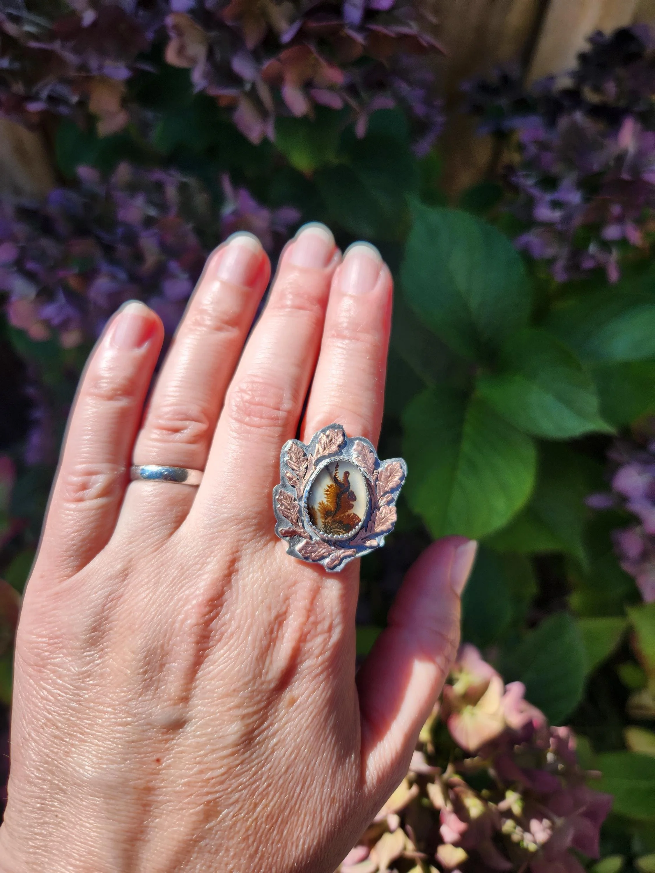 Dendric agate in oak leaves frame silver ring fall jewellery 3.jpg