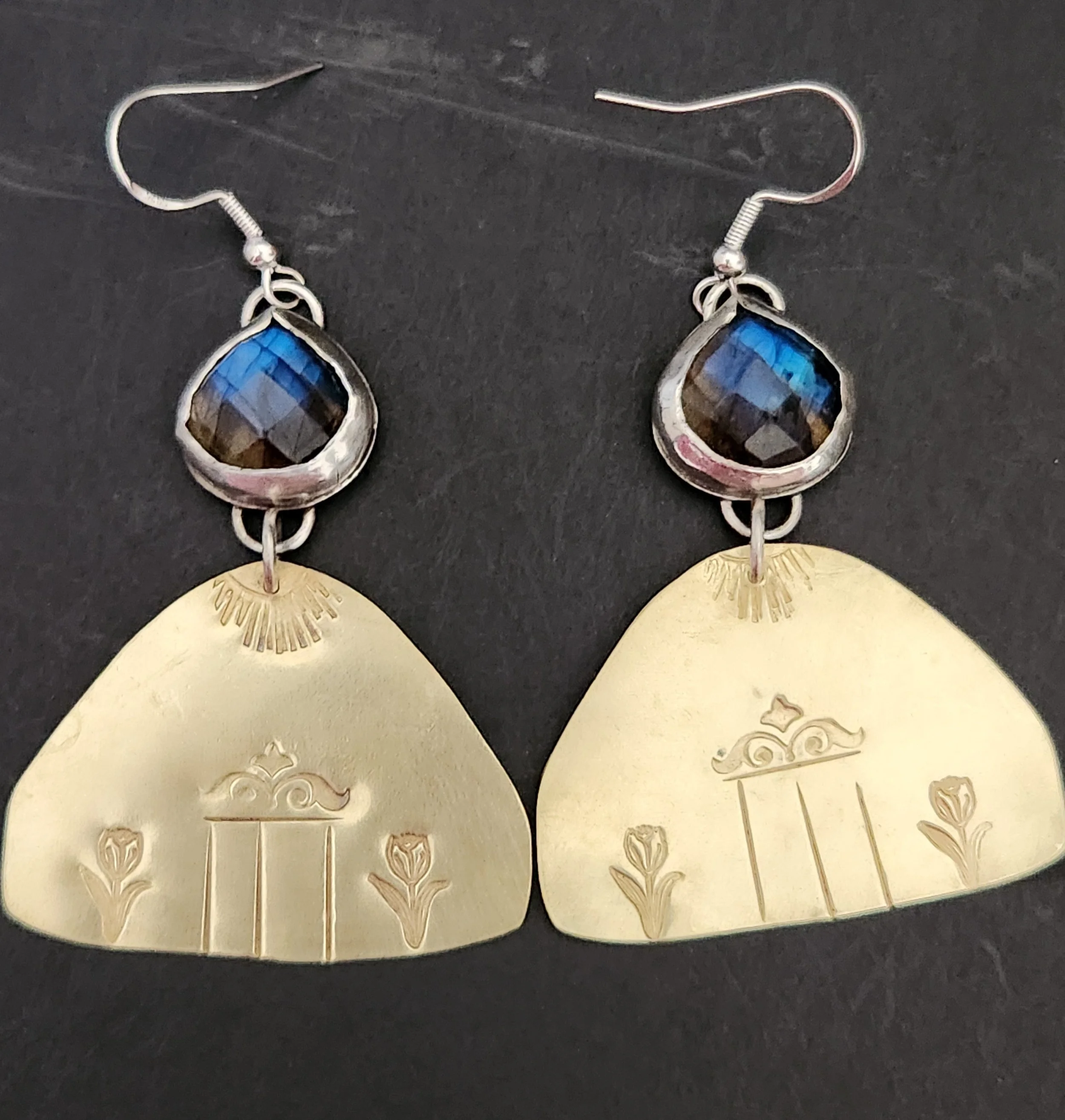 Labradorite Yurt Silver Brass Earrings