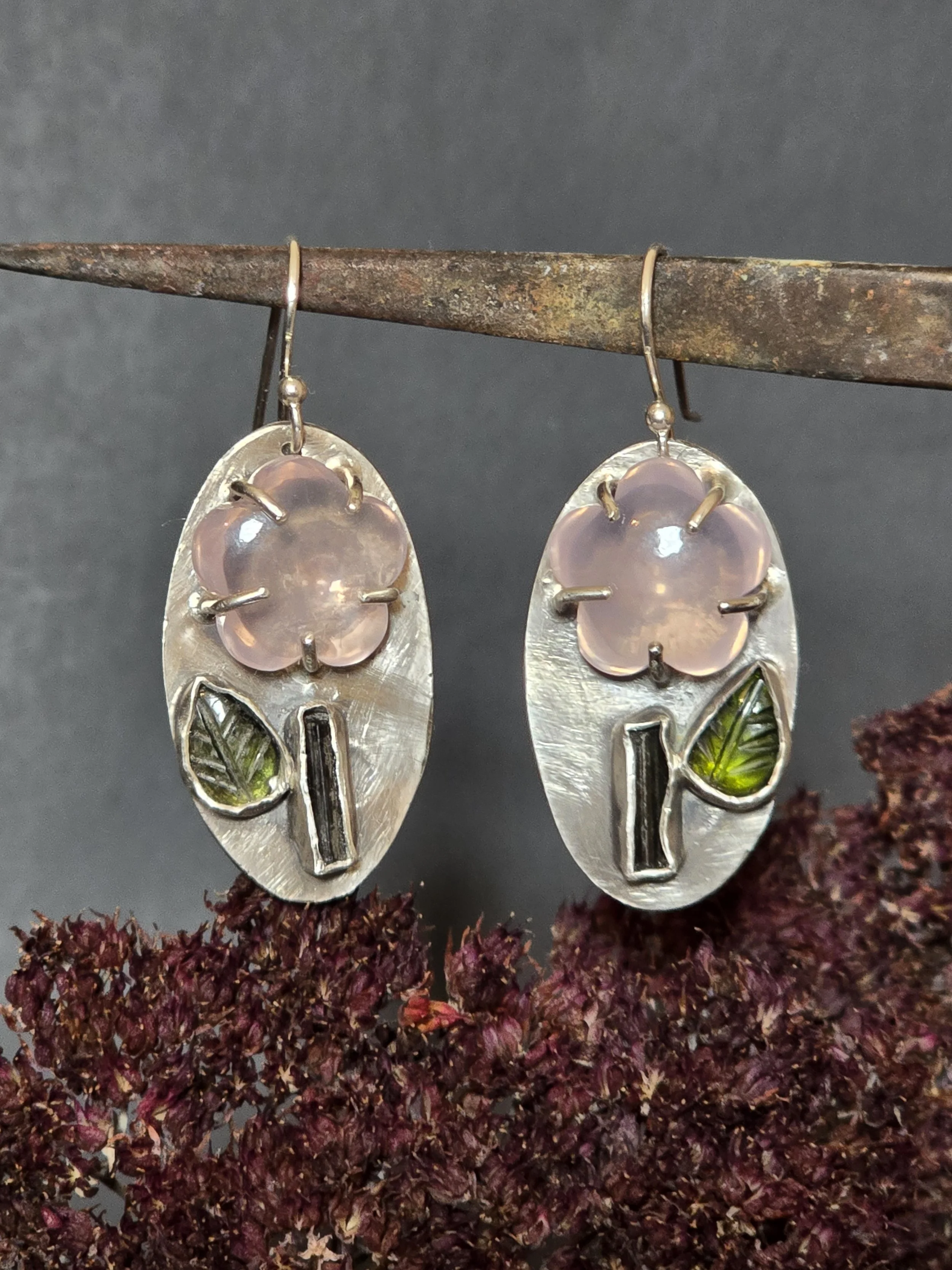 Rose Quartz and Tourmaline Flower Earrings