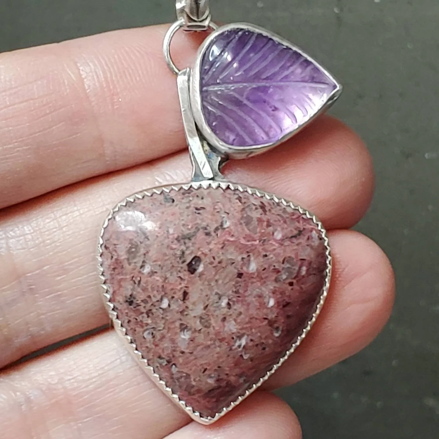 Strawberry Pendant with Rhodonite and Amethyst Leaf