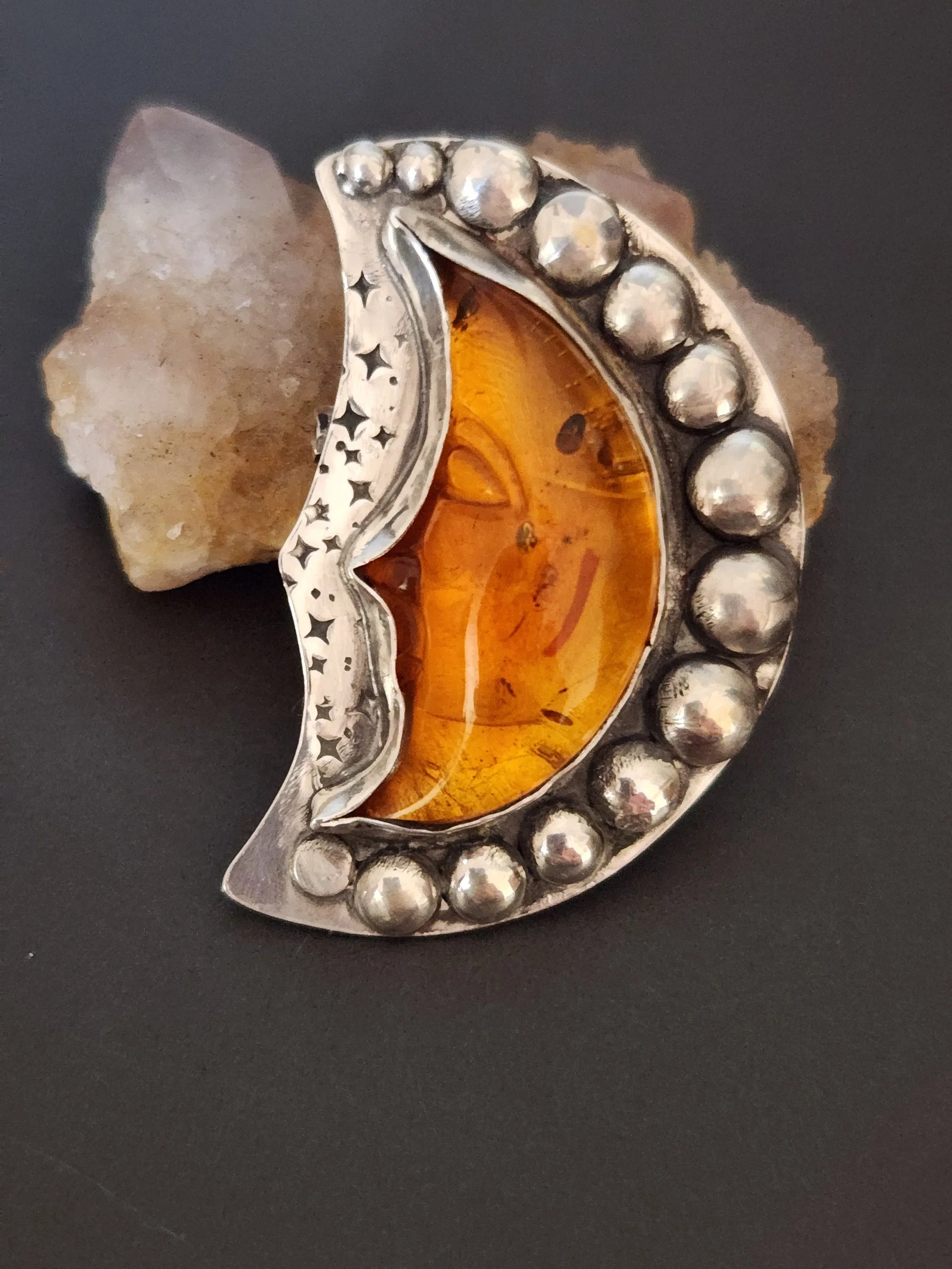 Baltic Amber Moon Artisan Brooch
