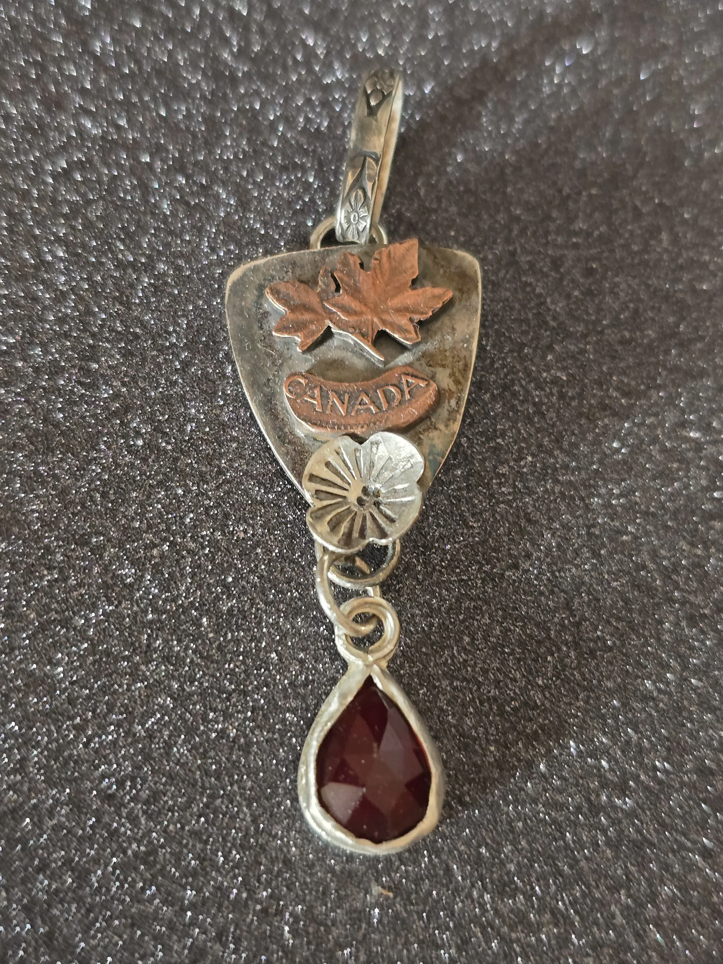 Canada Shield Silver Copper Garnet Pendant