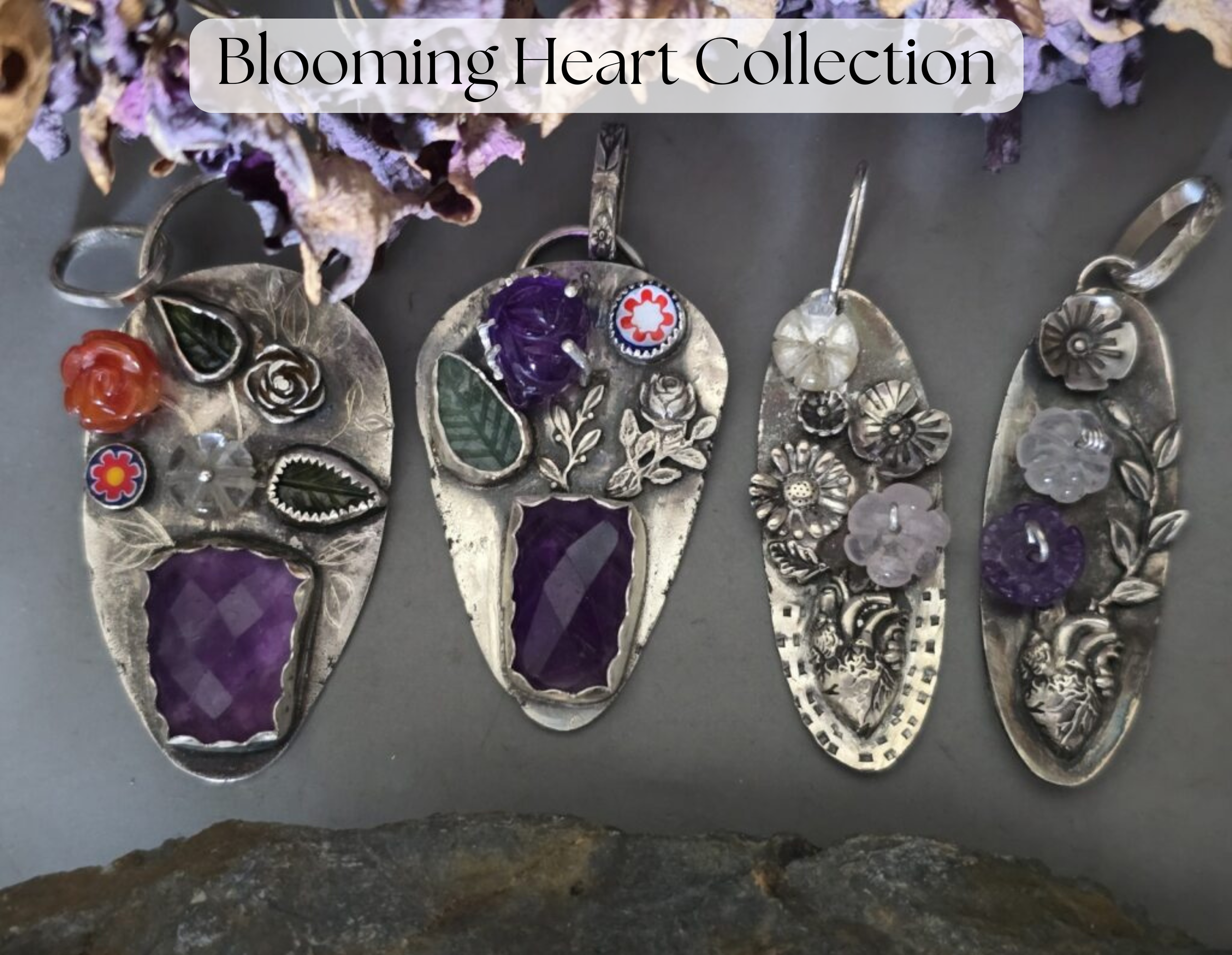 Beautiful pendants consisting of flowers and hearts which are handmade sustainably.