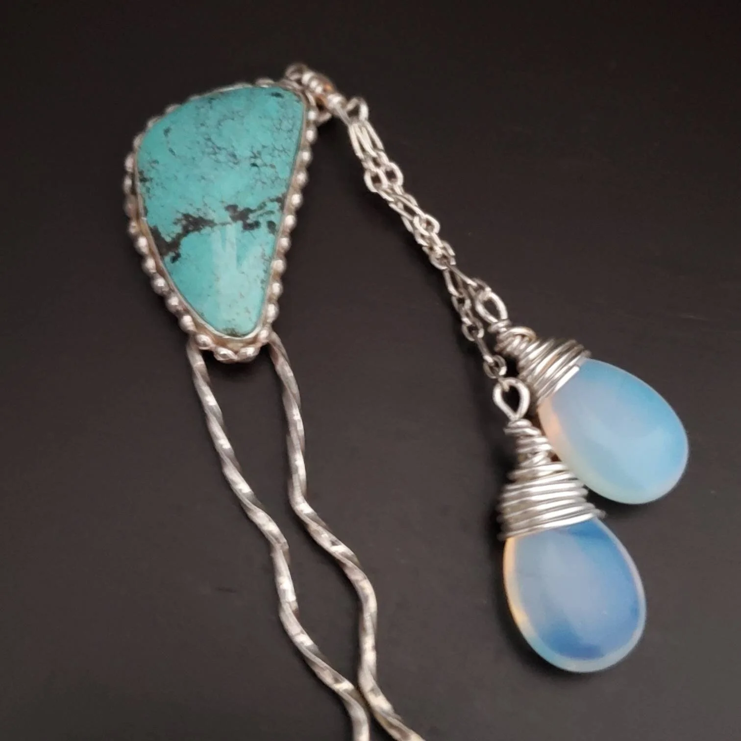 Turquoise Hair Fork with Opalite Dangles, Sterling Silver Bridal Accessory