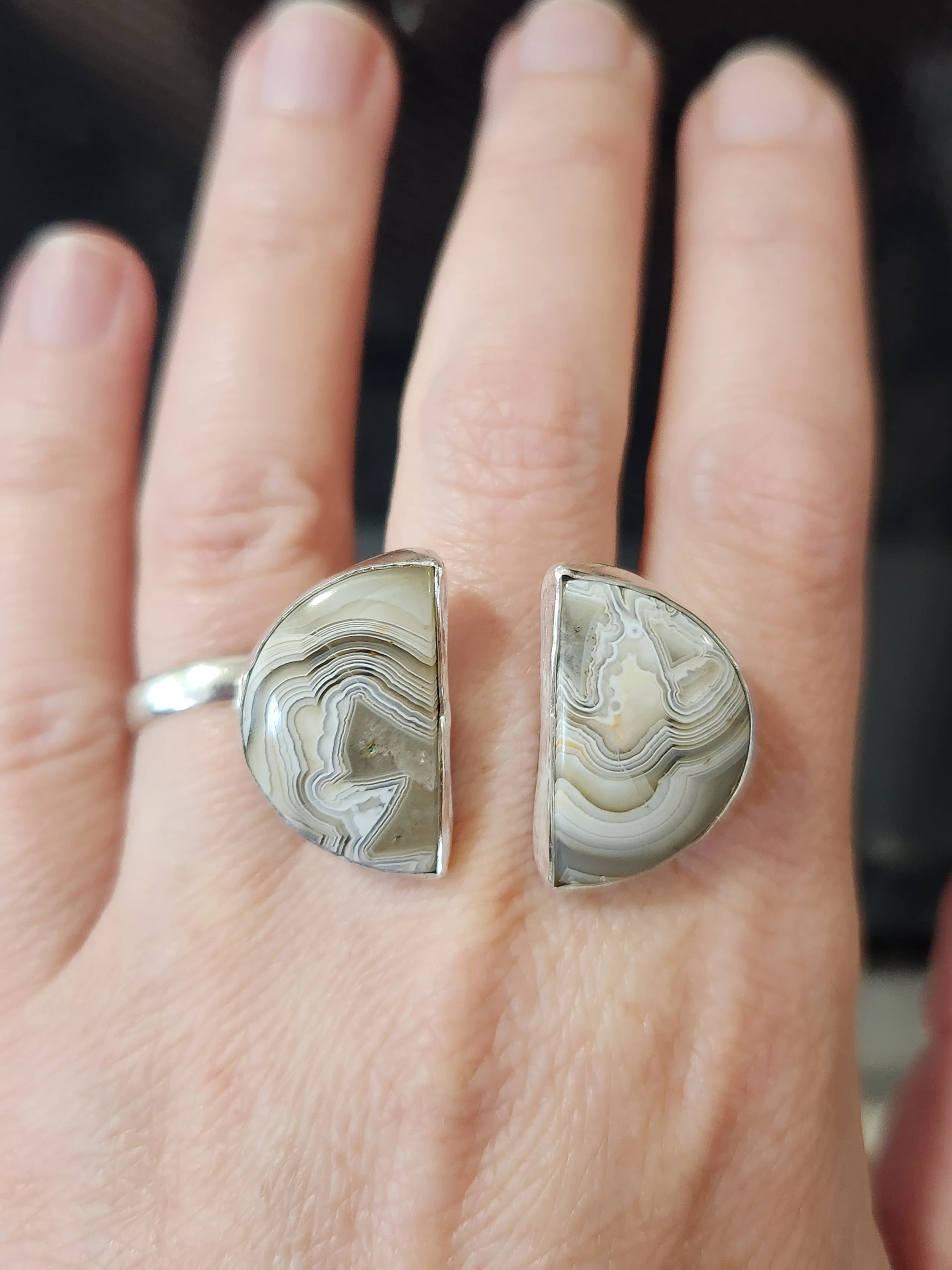 Crazy Lace Agate Split Moon Silver Ring #2-Size 9