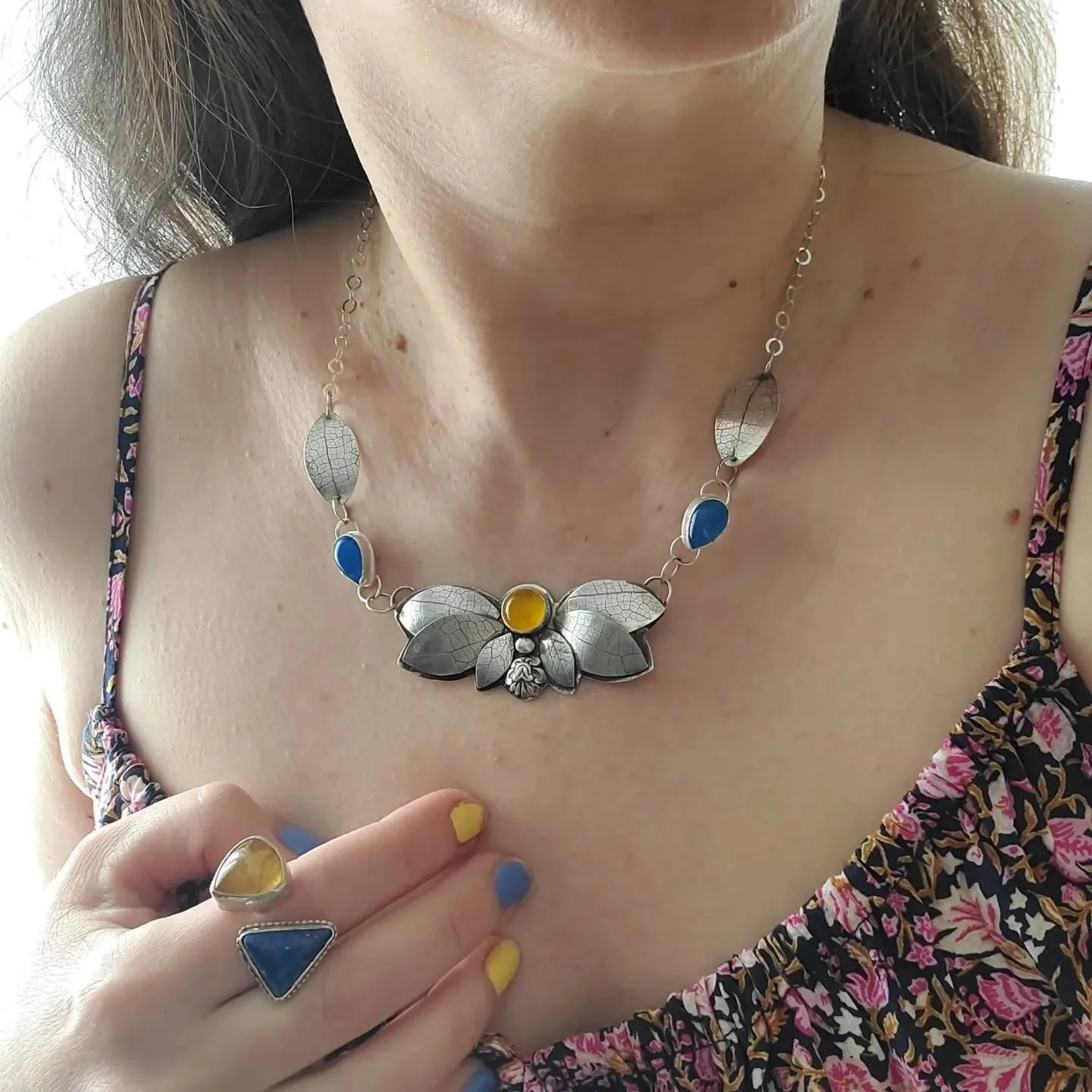Leafy Statement Necklace with Yellow and Blue Chalcedony 2.jpg