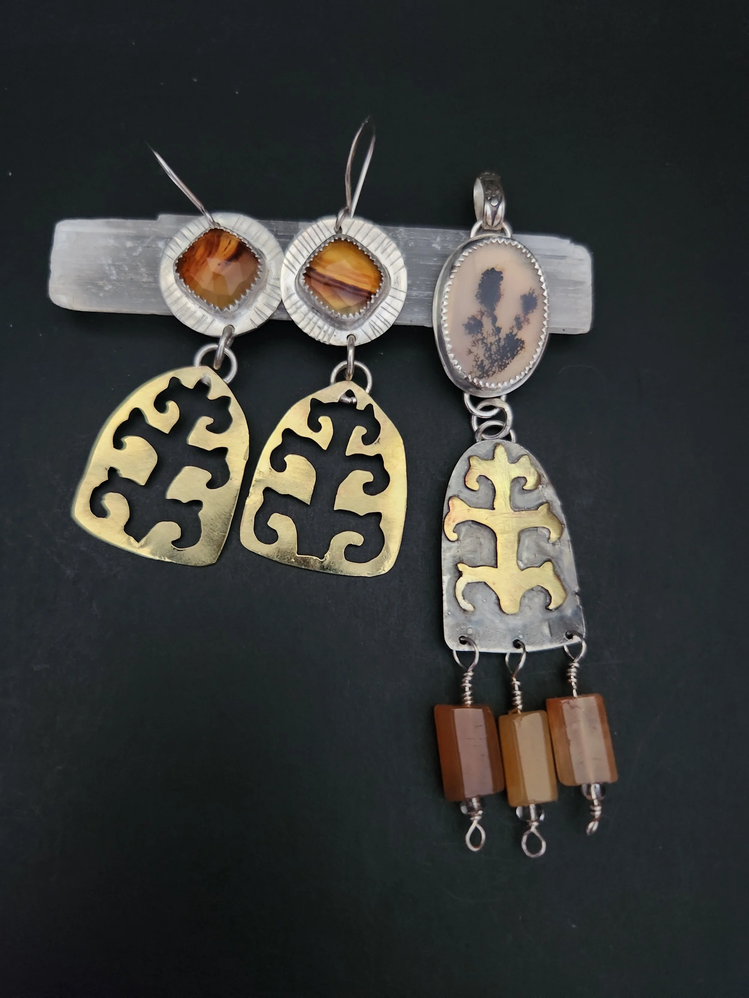 Dendritic Agate Tree of Life Pendant Earrings Set, Sterling Silver & Brass