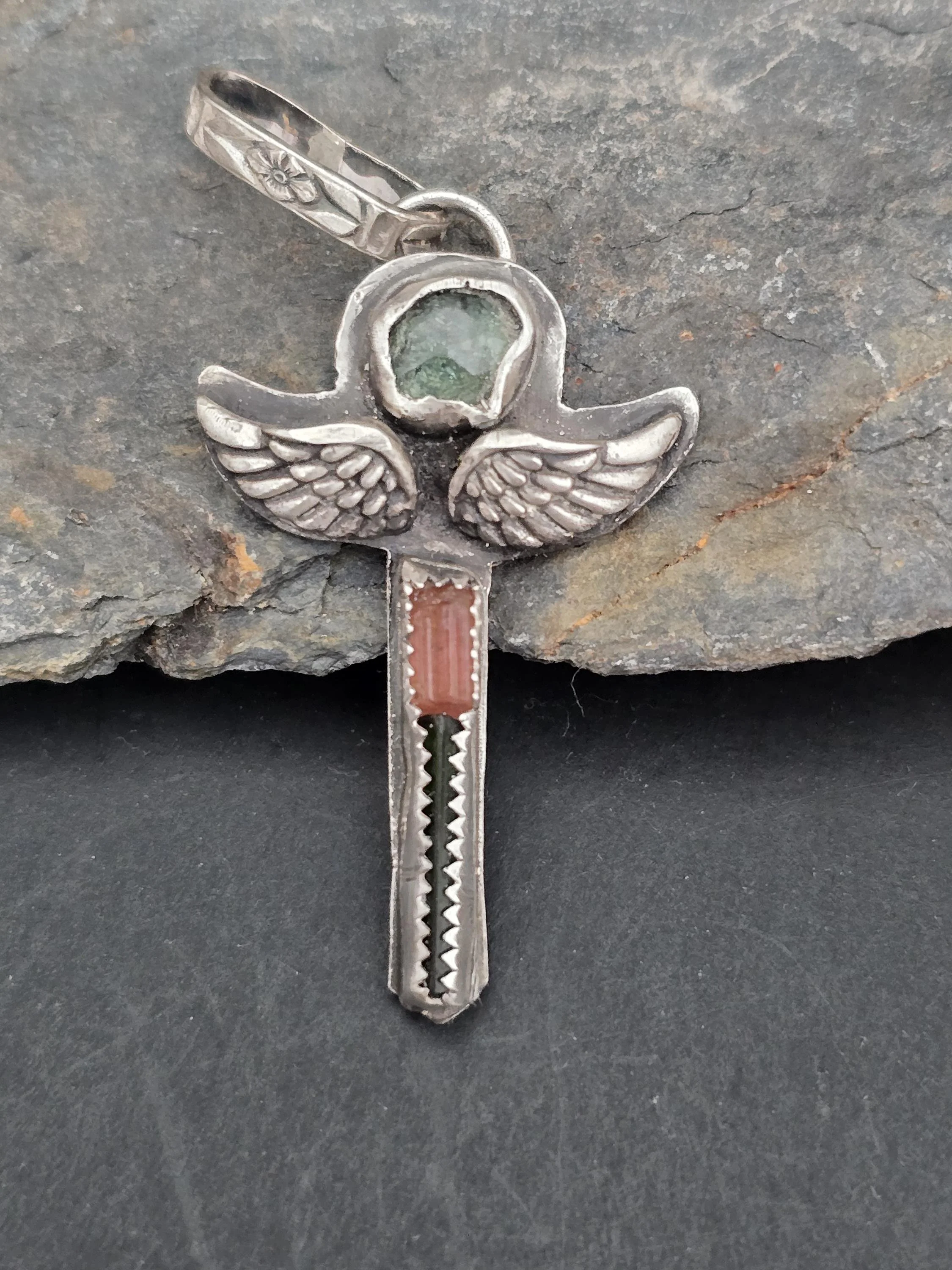 Strong and Free Sword Tourmaline Silver Winged Artisan Pendant 1