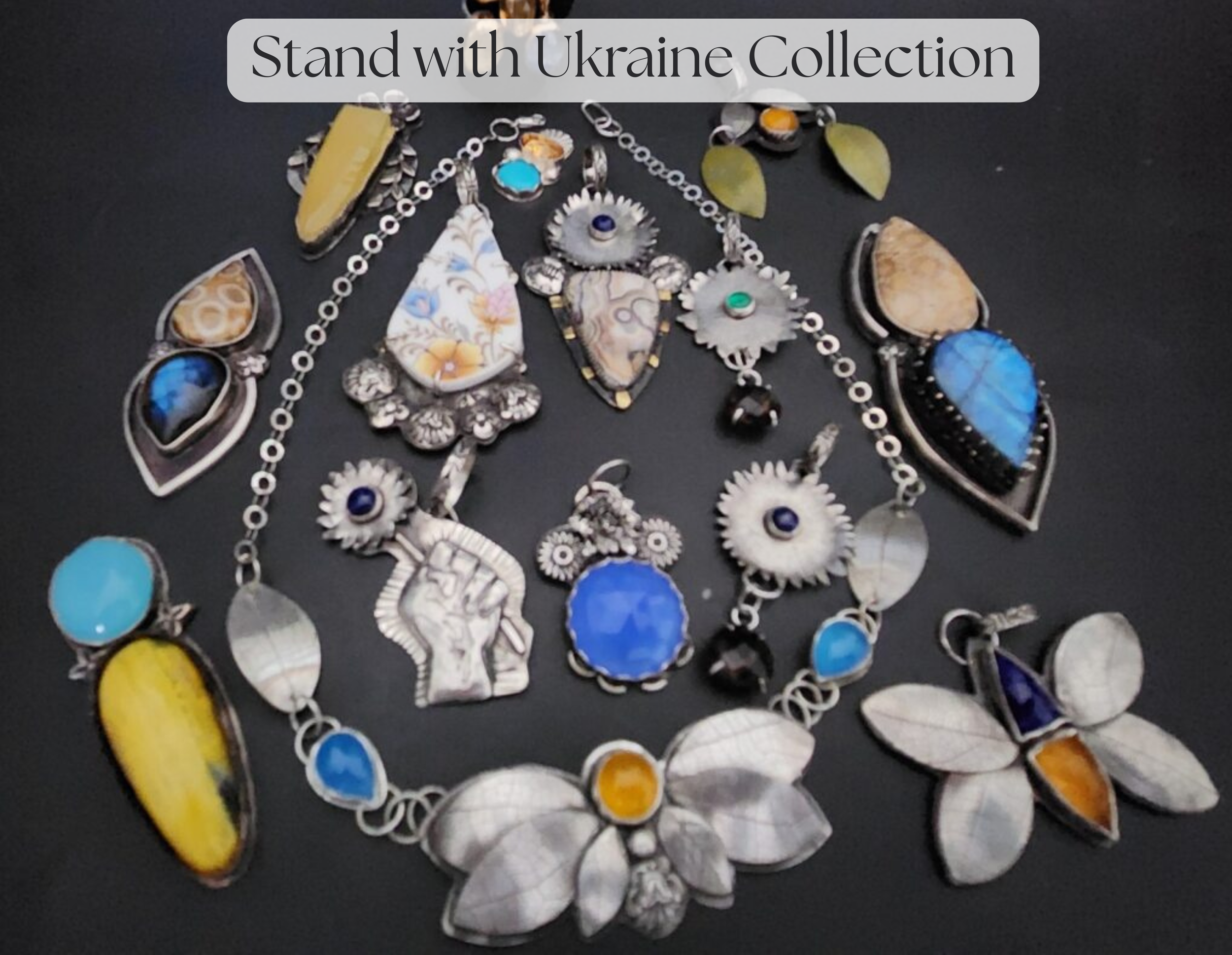 This Stand with Ukraine Collection was made to inspire hope and strength for the Ukrainian people during the war. Half of the proceeds will be donated to their cause.