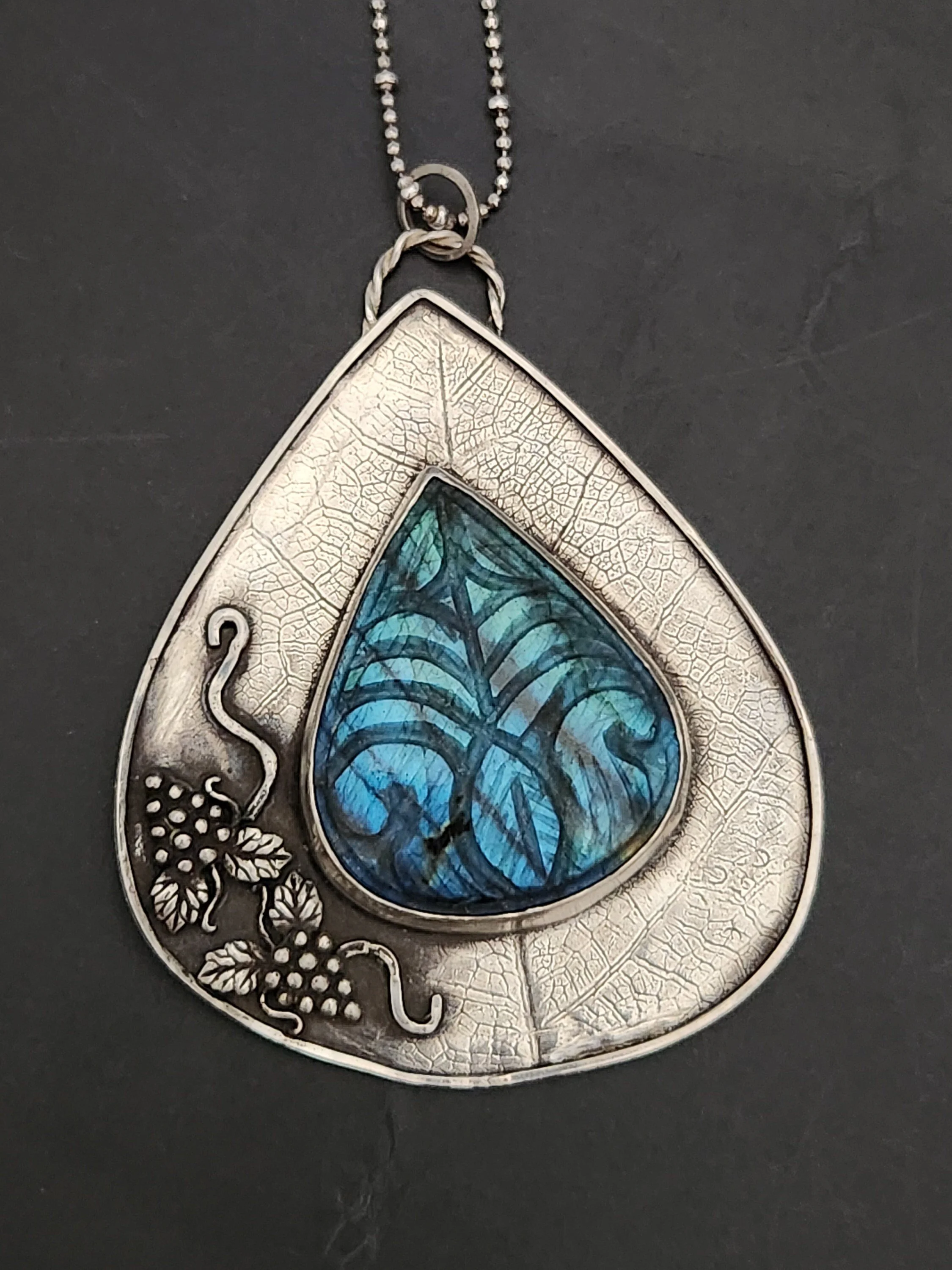 Abundance Sterling Silver Pendant with Carved Labradorite and Grapes
