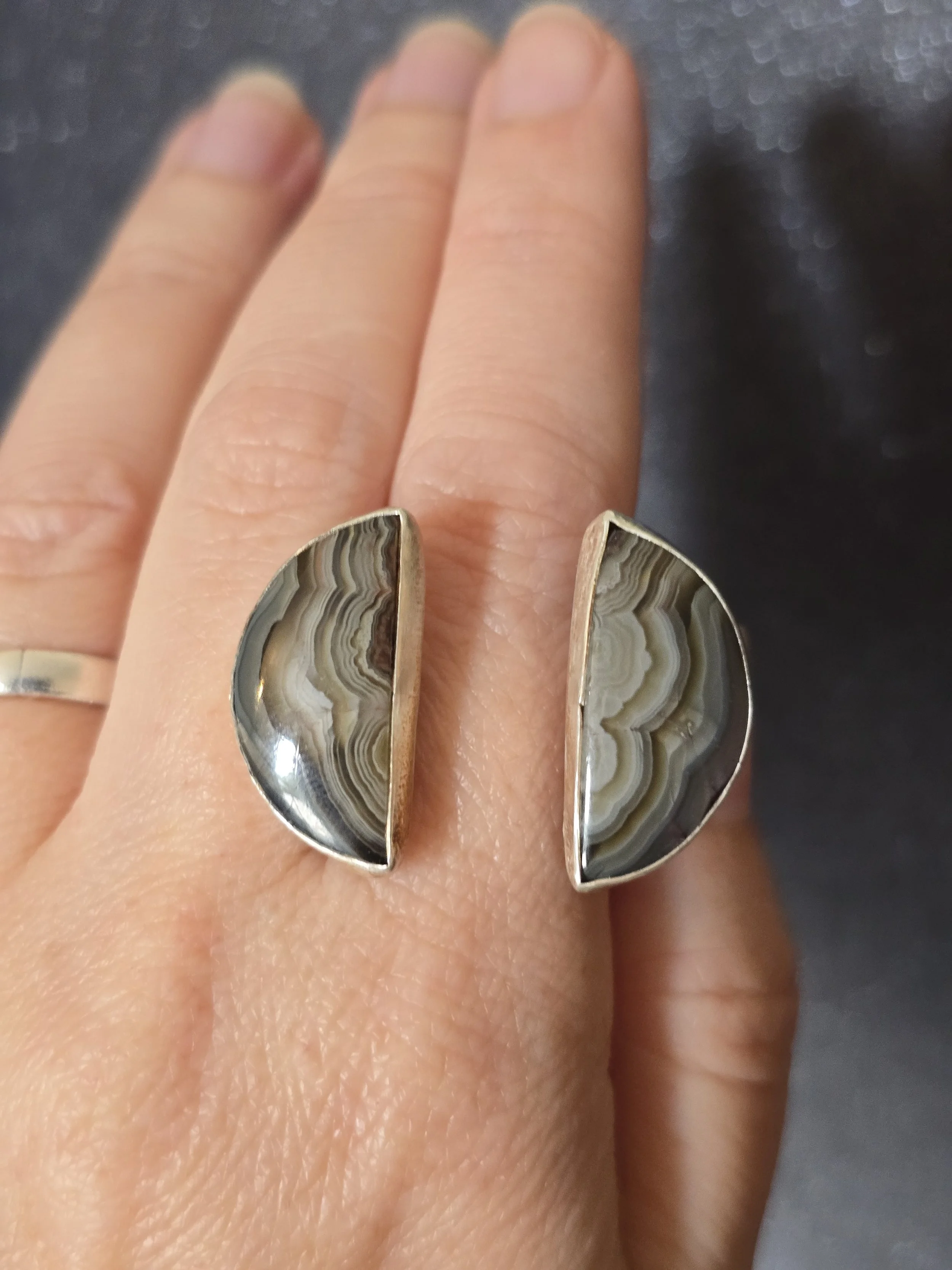 Crazy Lace Agate Split Moon Silver Ring-Size 10