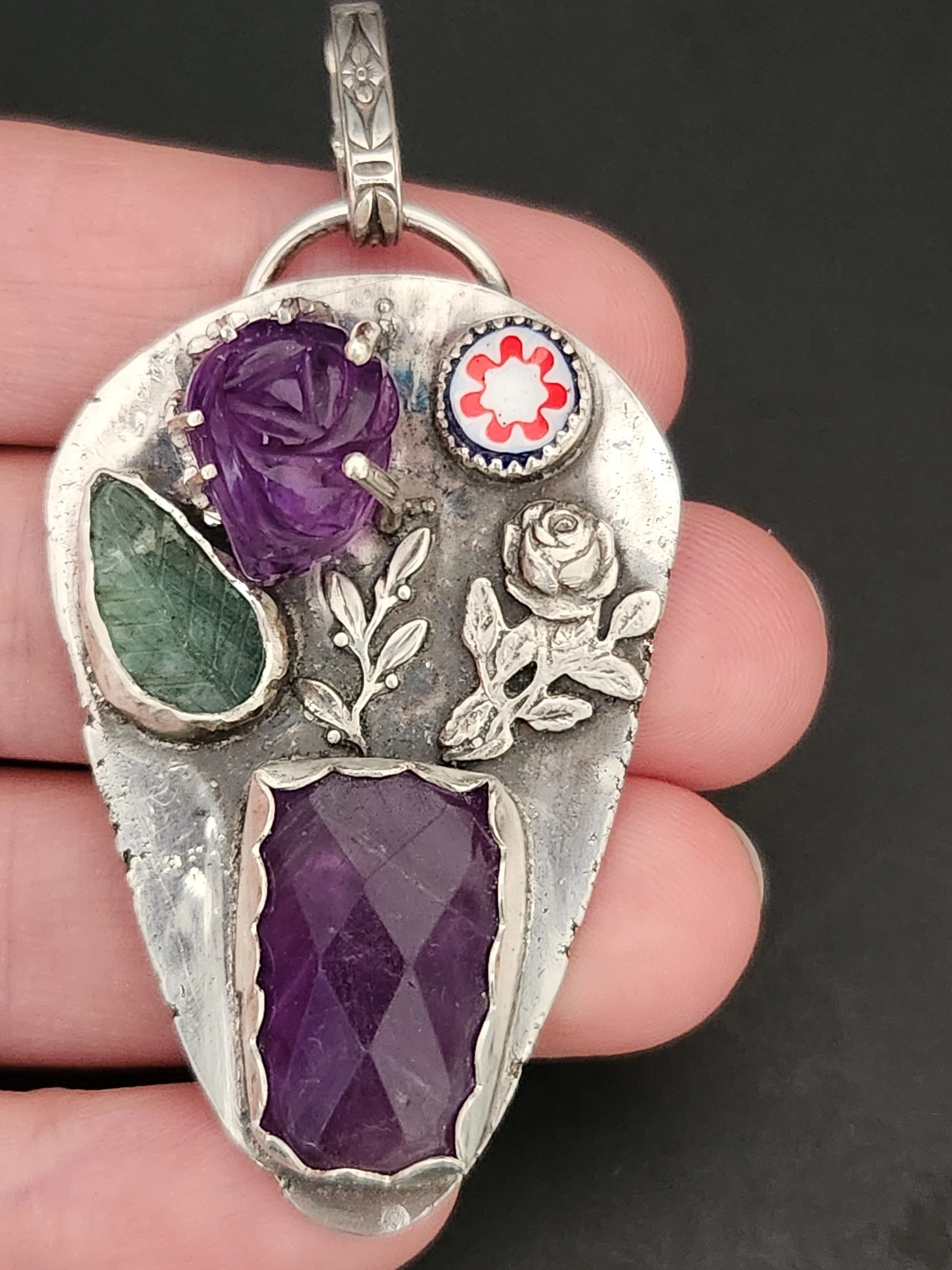 Hand Forged Sterling Silver Bouquet Pendant, Amethyst Rose, Emerald Leaf, Murano Glass