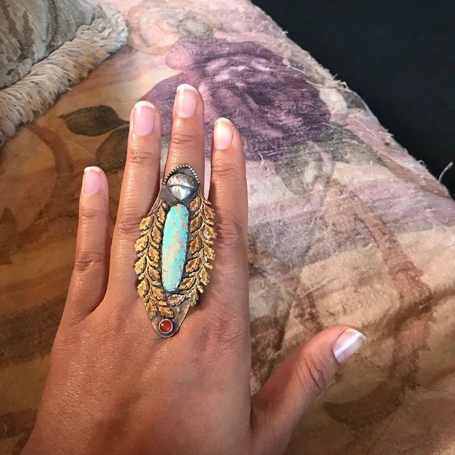 Large Turquoise Statement Ring with Carnelian and Gold
