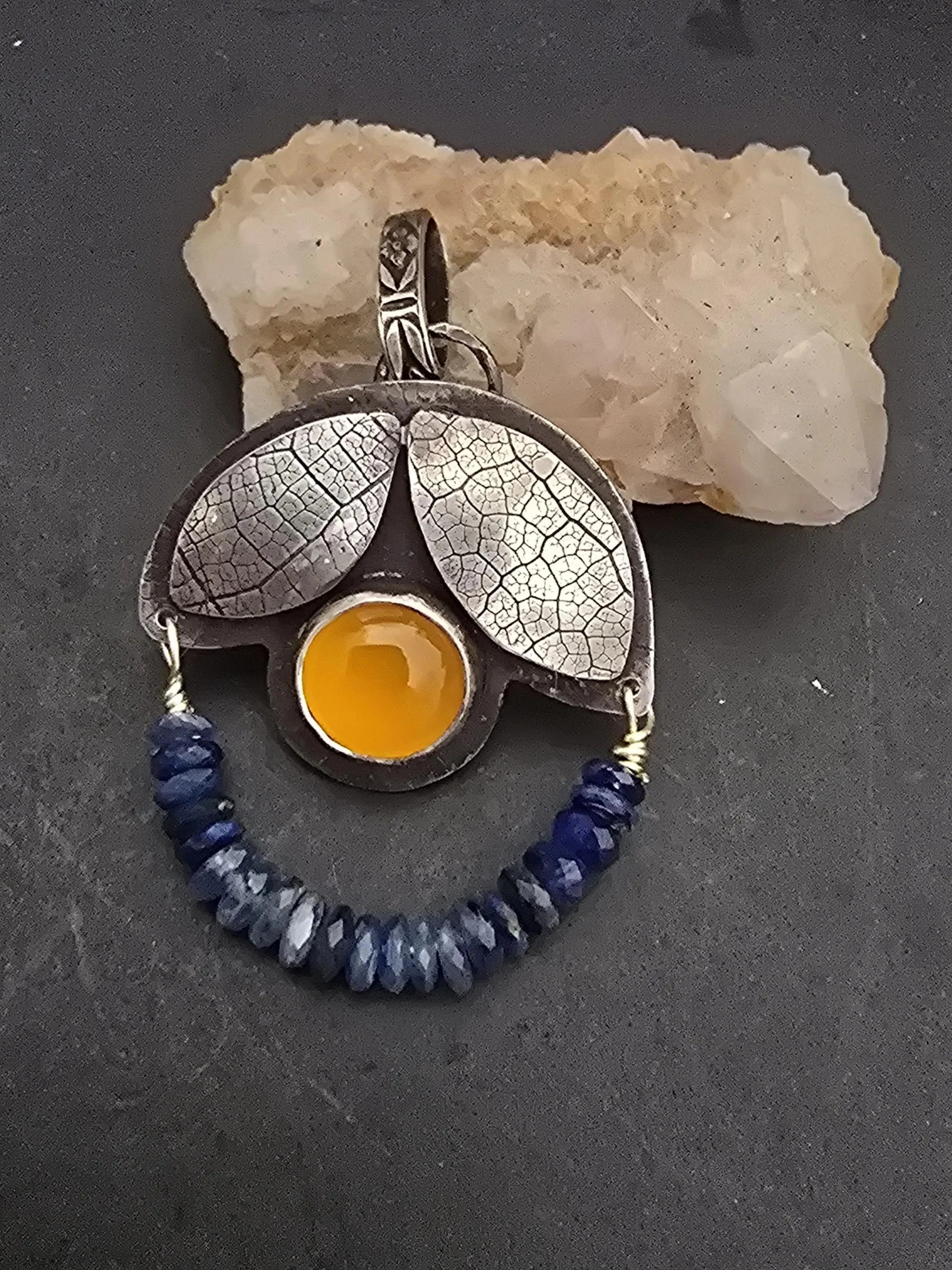 Yellow Chalcedony Blue Kyanite Leafy Pendant
