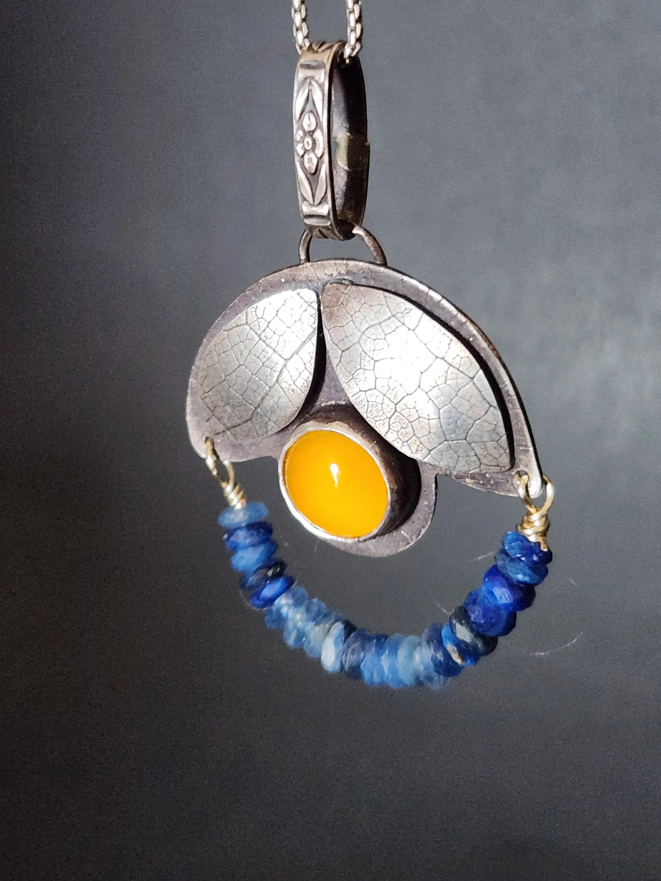 Yellow Chalcedony blue kyanite leafy pendant 5.jpg