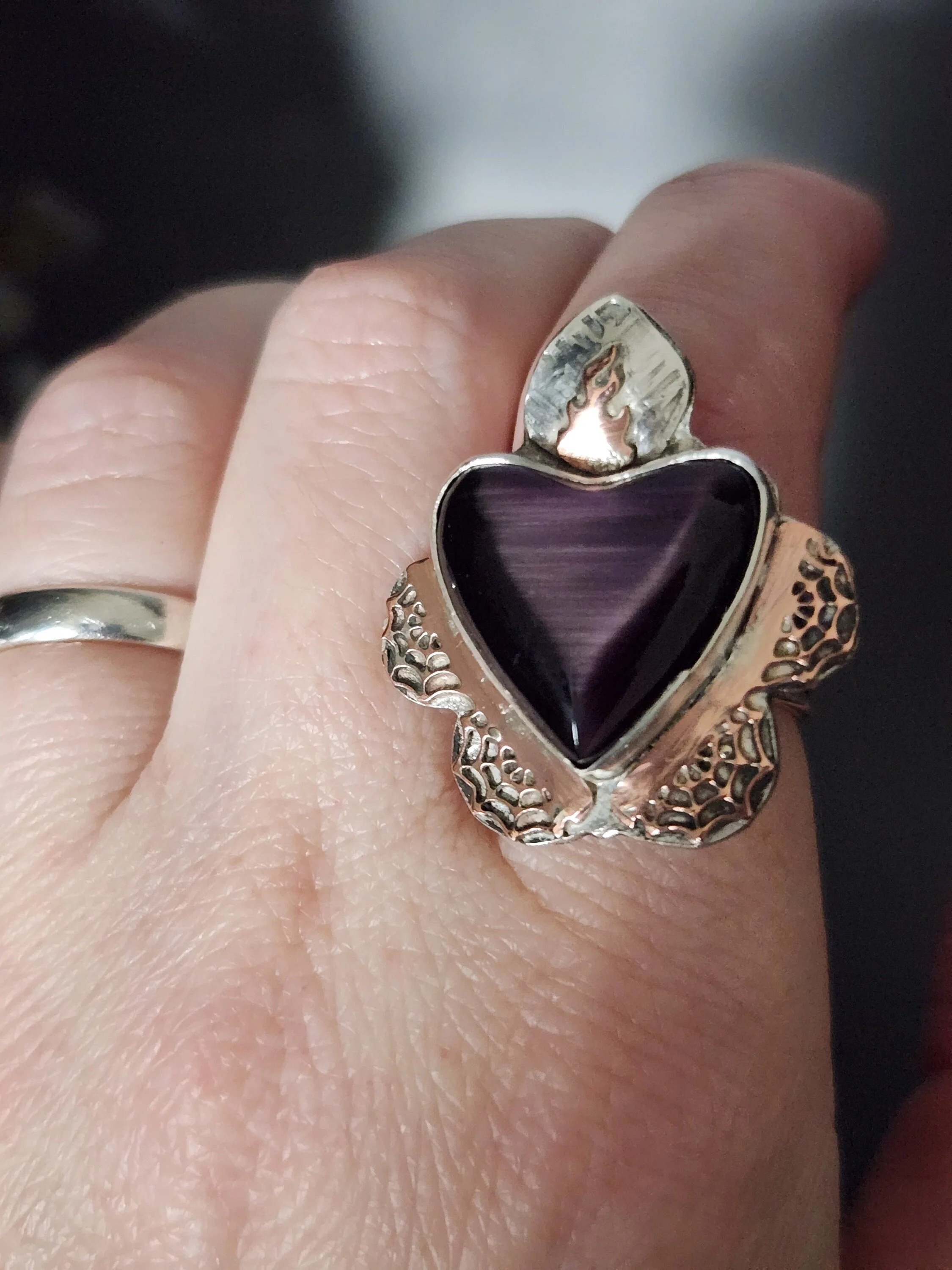Sacred Heart Ring with Cobwebs and Purple Dichroic Glass-Size 6