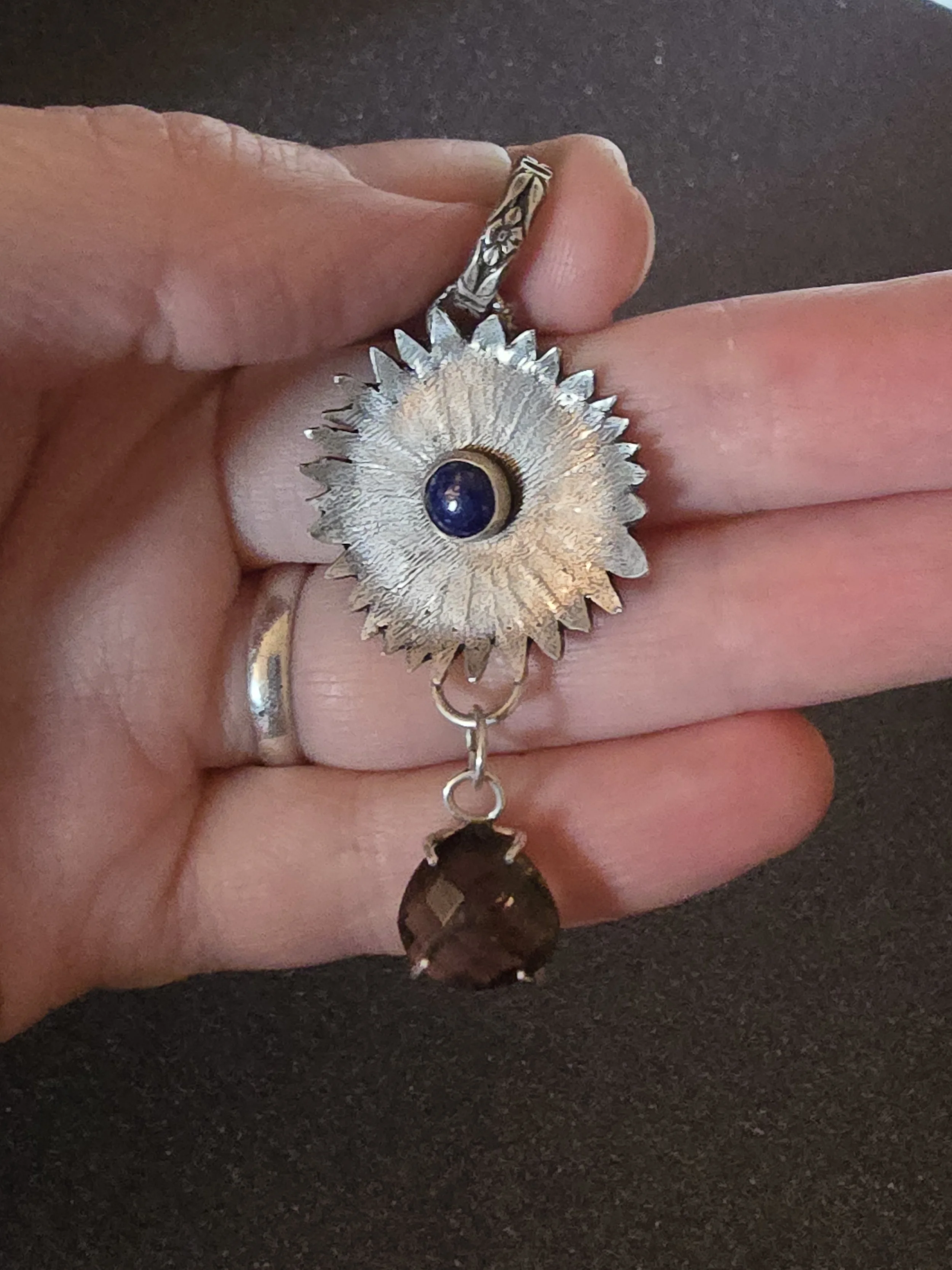 Solidarity with Ukraine Sunflower Pendant with Lapis Lazuli and Smoky Quartz