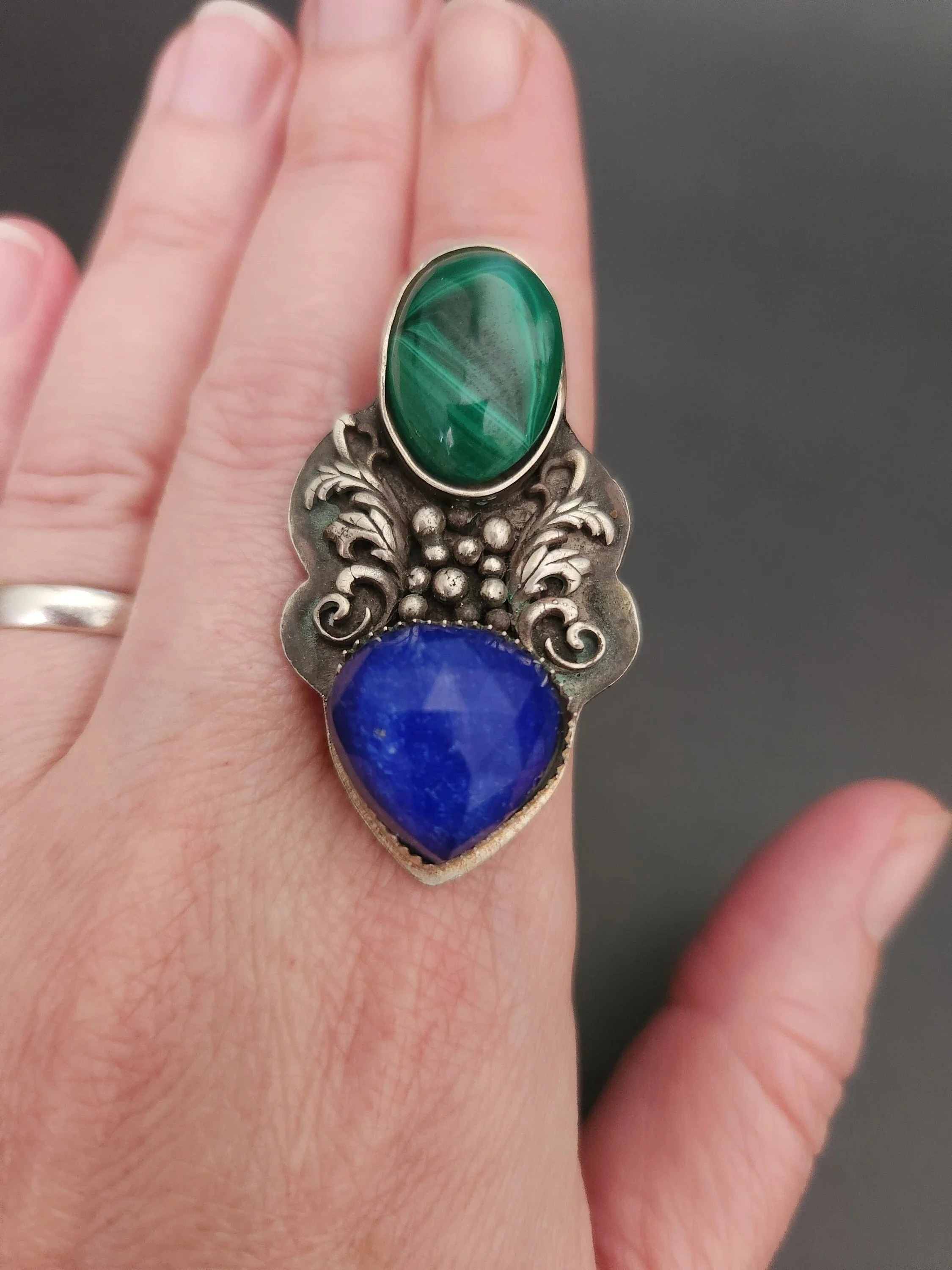Malachite Lapis Lazuli Doublet Silver Ring with Swirls-Made to Size
