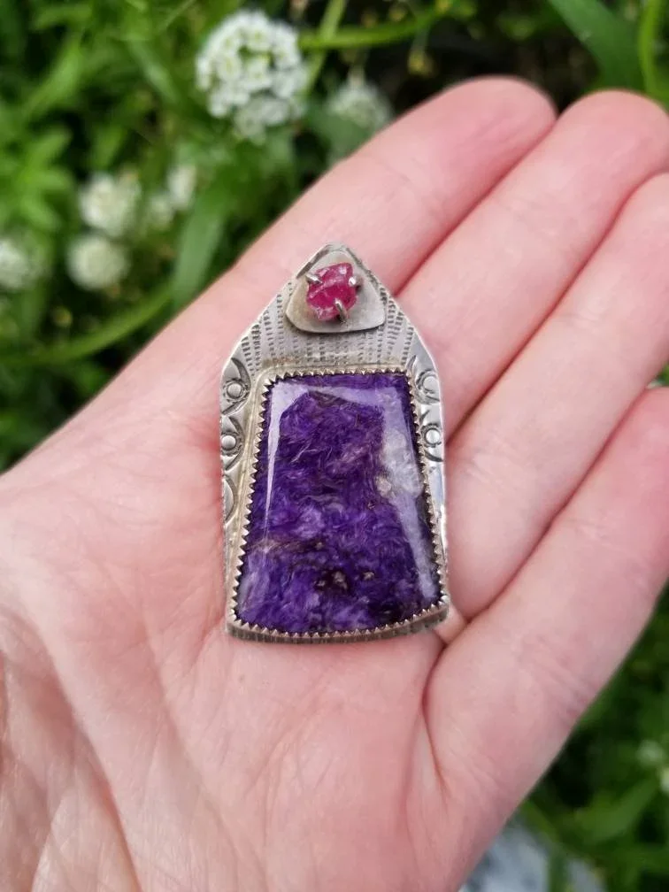Charoite and Raw Ruby Silver Pendant