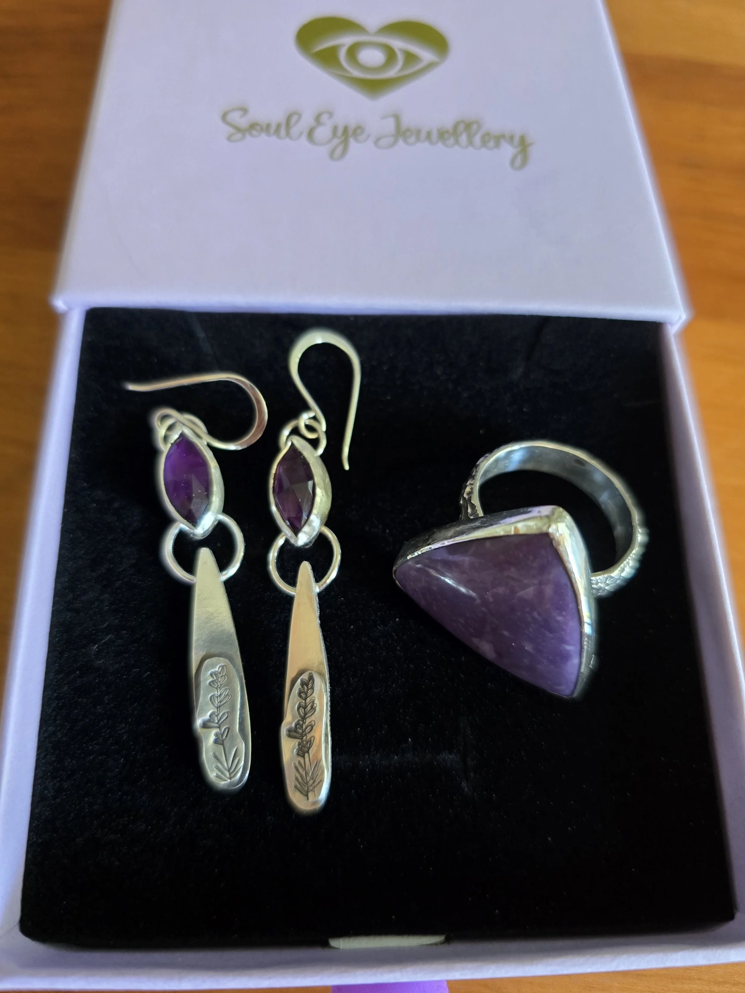 Custom made ring with Tiffany stone and amethyst lavender earrings